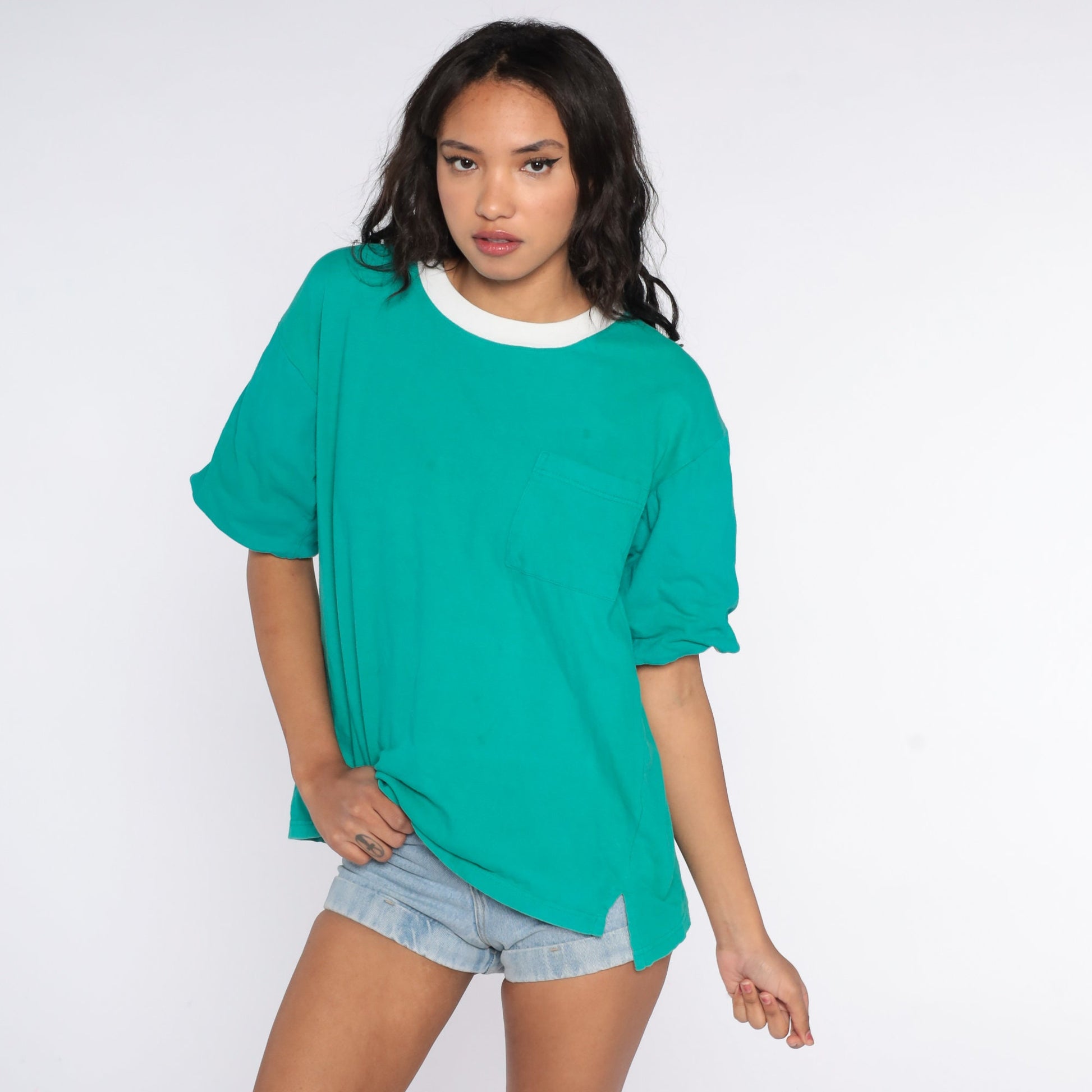 80s Green Cotton T-Shirt Pocket Chest Cuffed Sleeves Medium