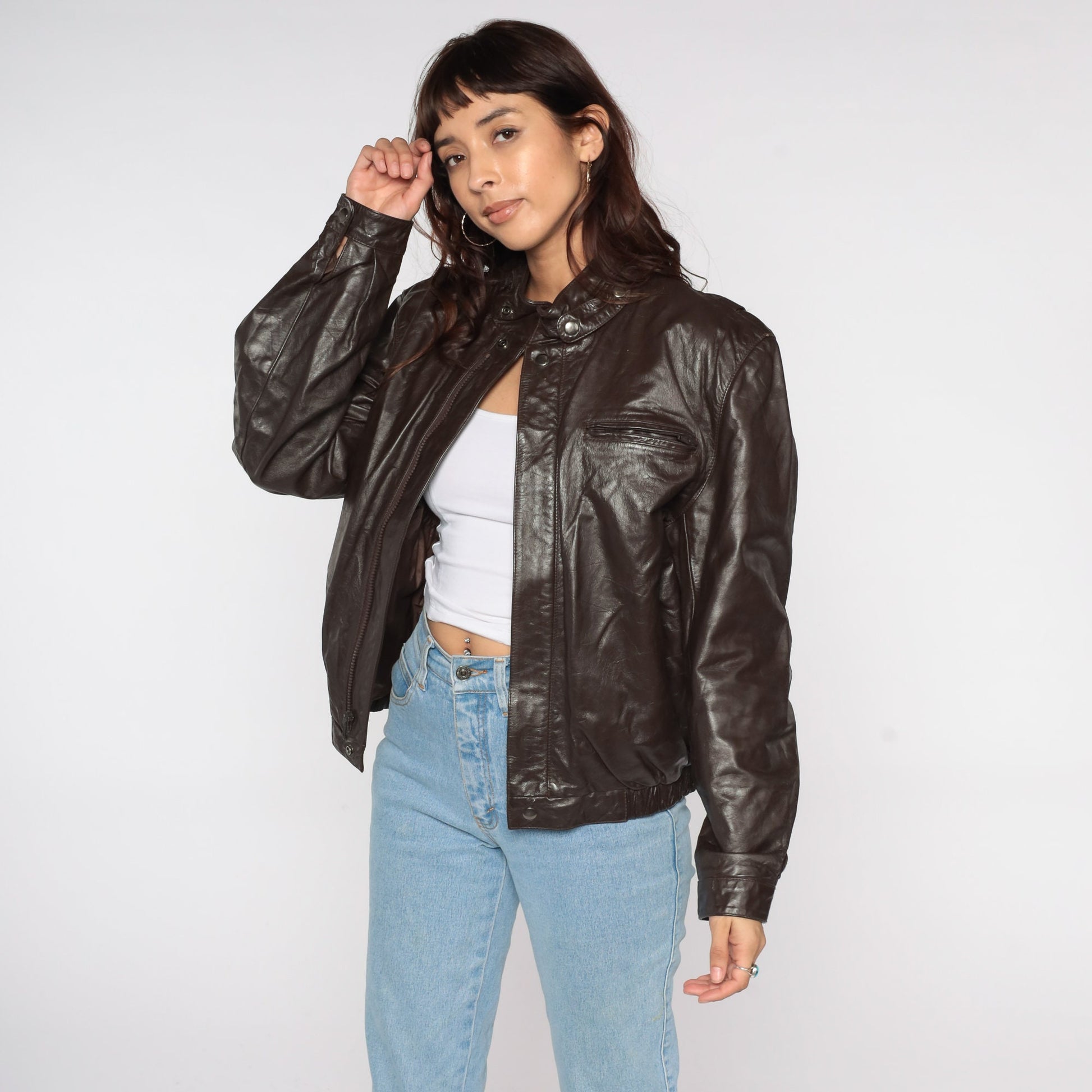 80s Brown Leather Moto Jacket Zip Collared Motorcycle Coat Large