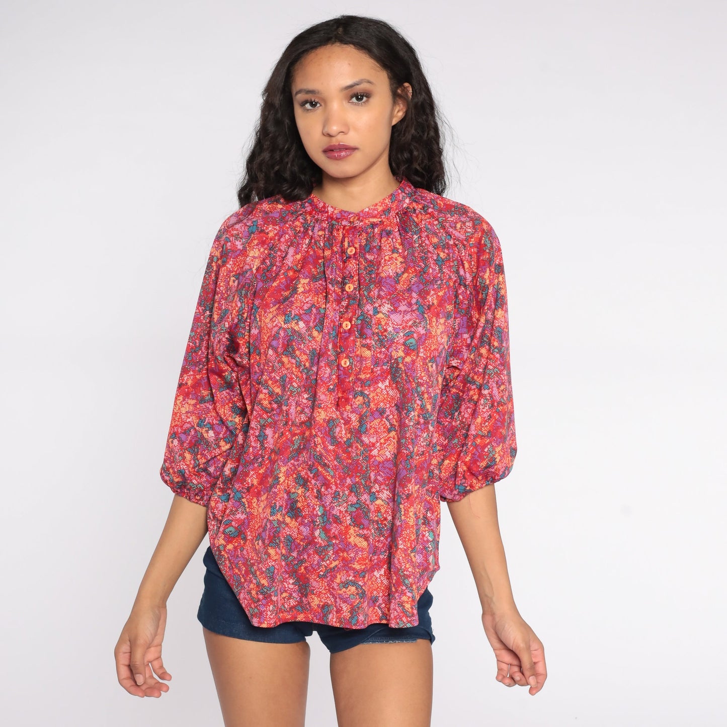 70s Psychedelic Abstract Button-Up Blouse Long Sleeve Tunic Shirt Medium Large