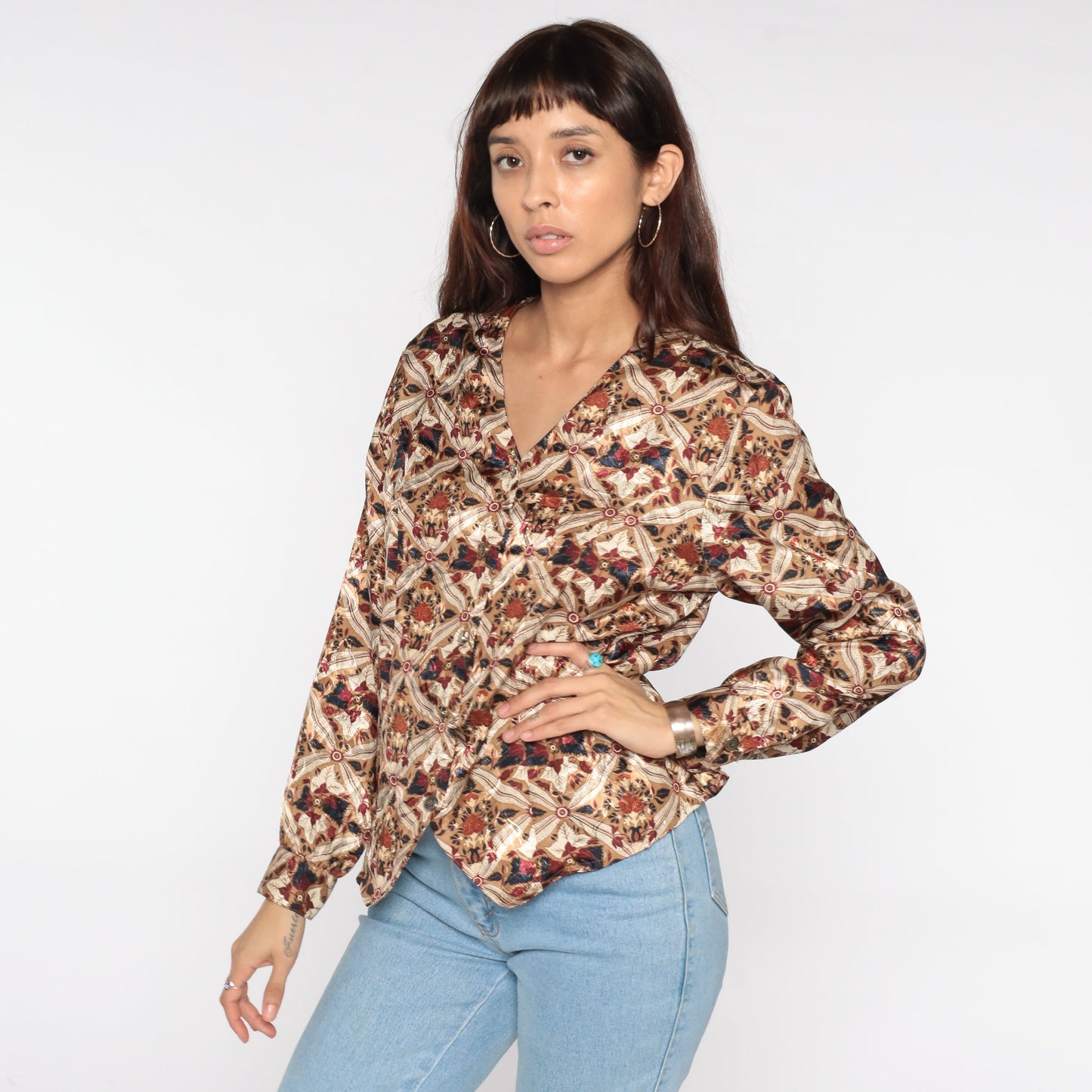90s Geometric Floral Button Up Blouse Tan Long Sleeve Large