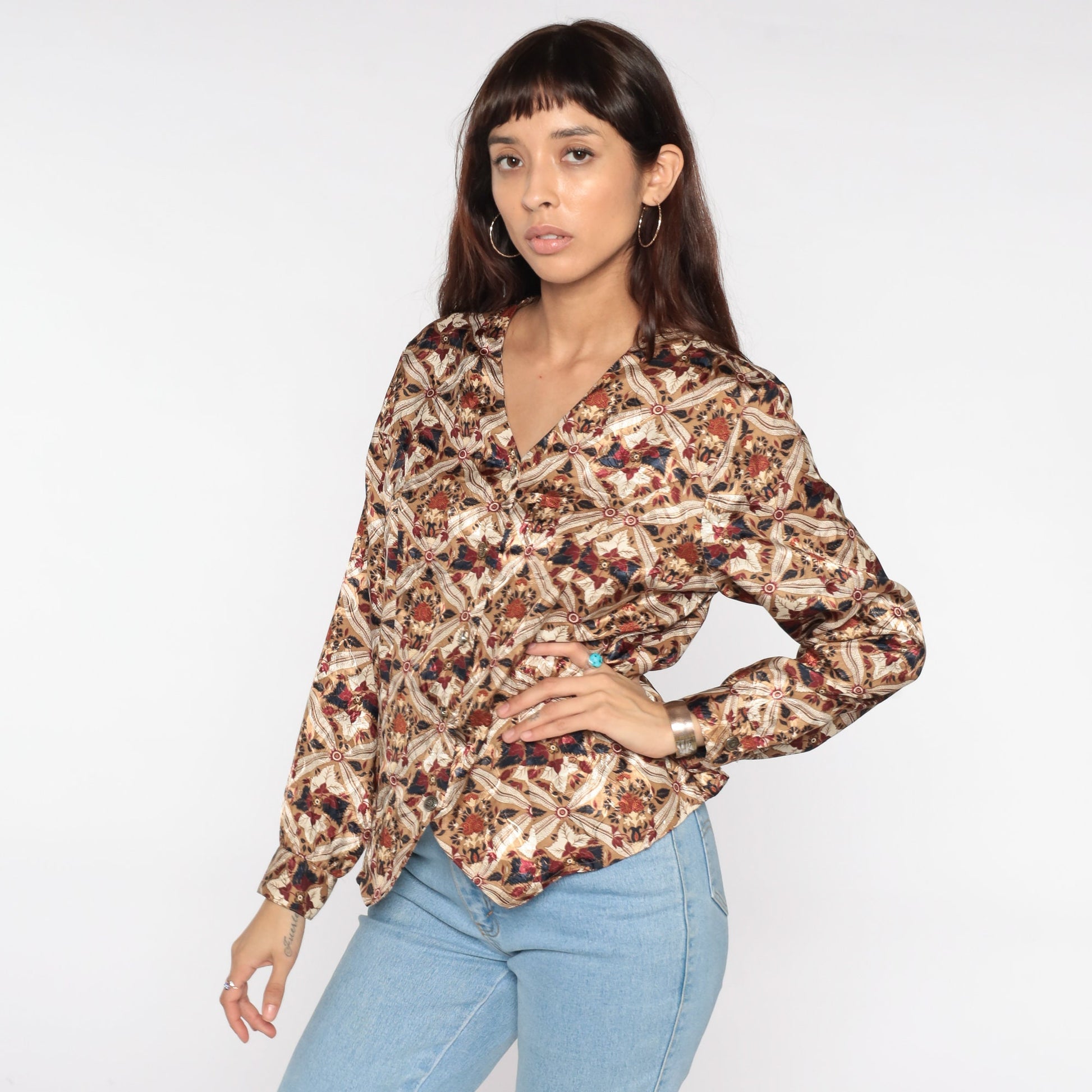 90s Geometric Floral Button Up Blouse Tan Long Sleeve Large