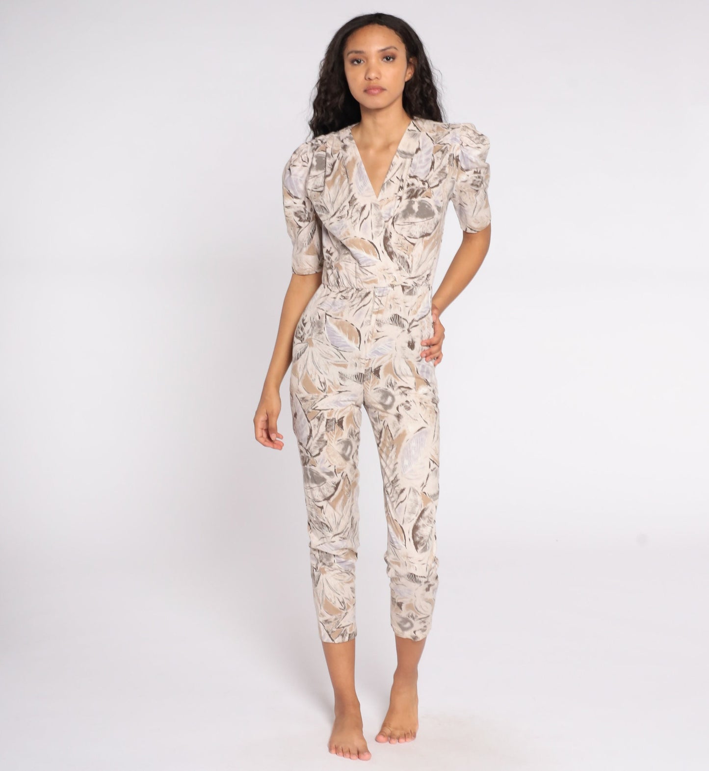 80s Tropical Leaf Print Jumpsuit Puff Sleeve Wrap Bodice Tan Extra Small