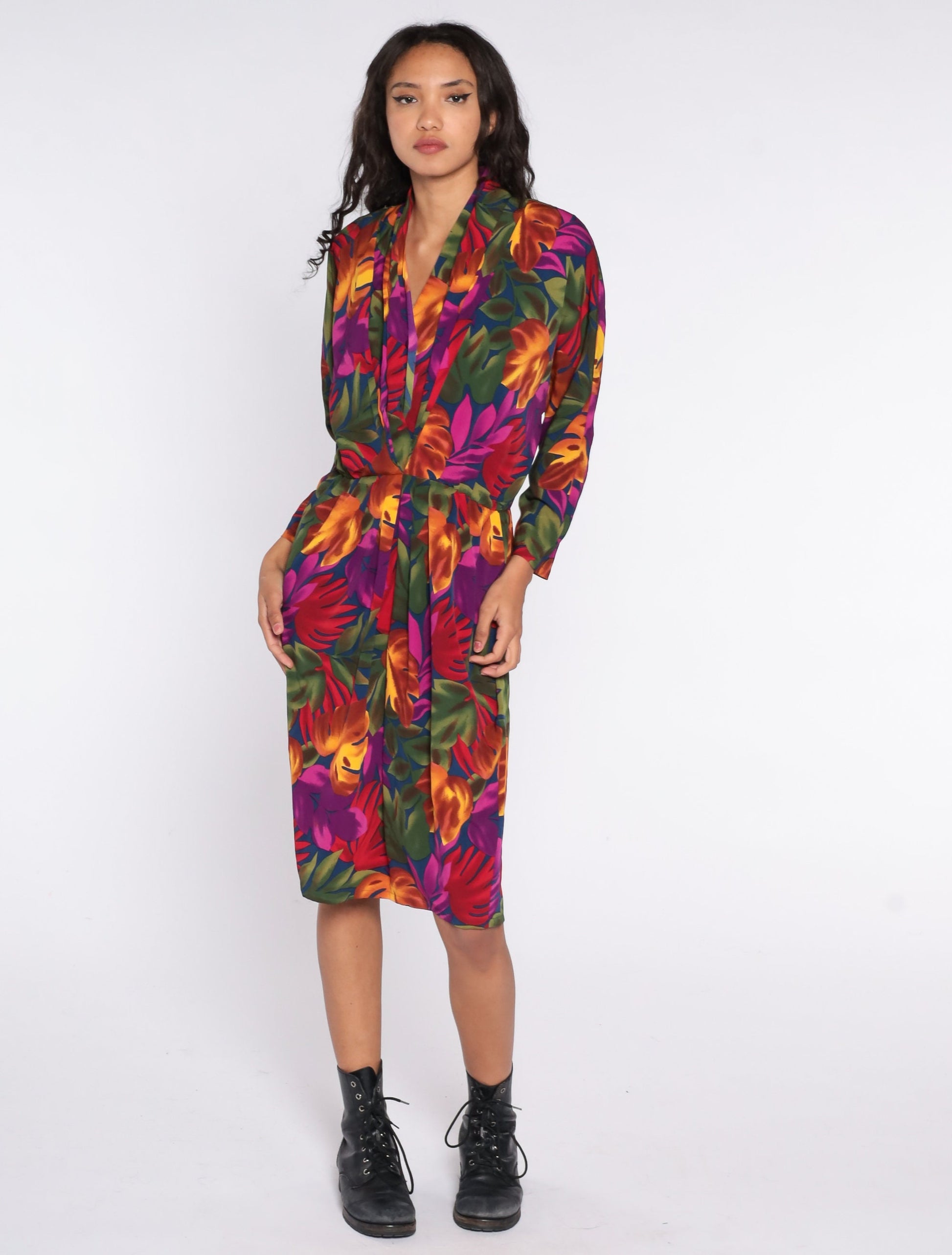 90s Tropical Floral Midi Dress Dolman Sleeve Purple High Waist Large 14