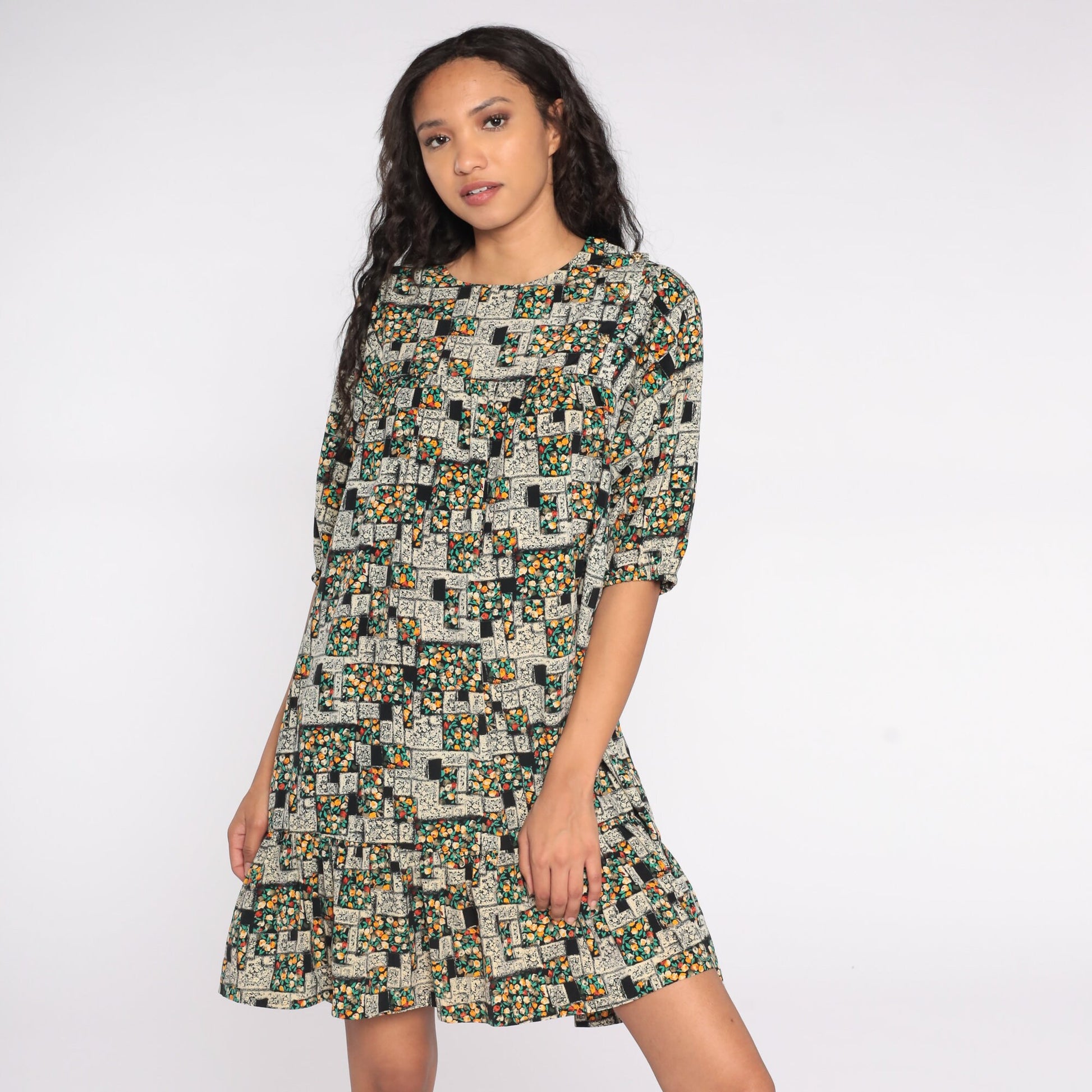 80s Floral Mini Dress Tent Cut Puff Sleeve Black Green Small S