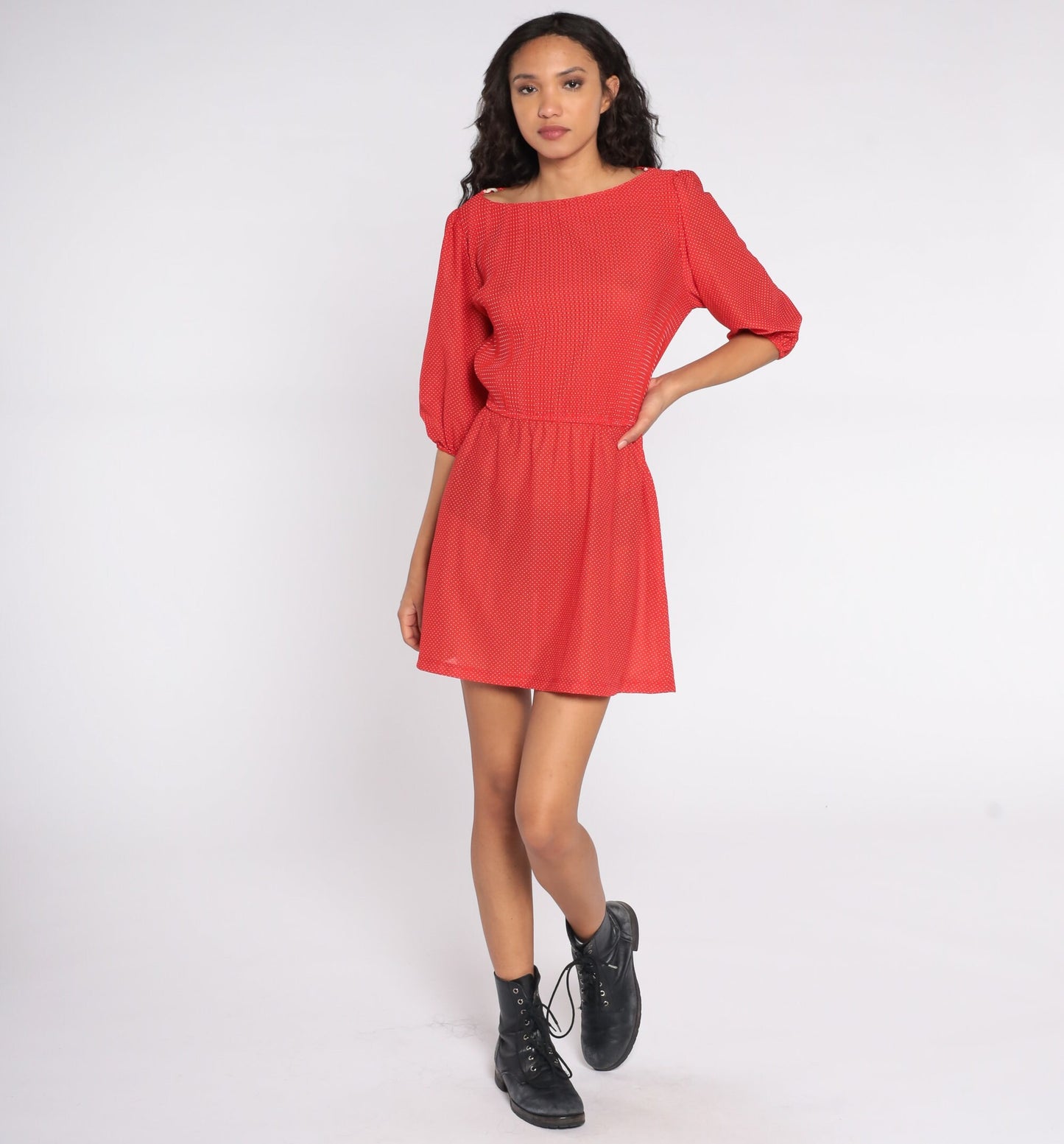 80s Red Polka Dot Mini Dress Puff Sleeve High Waisted Medium