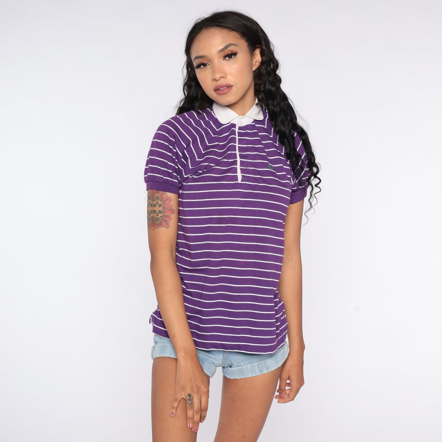 80s Purple Striped Horse Polo Shirt Short Sleeve Button Up Small S