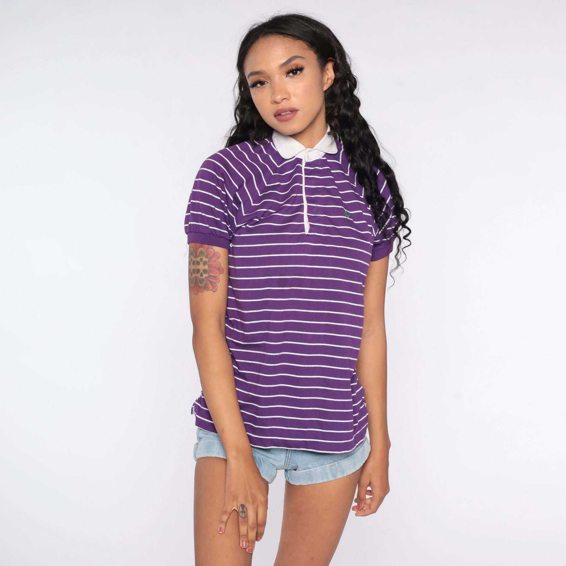 80s Purple Striped Horse Polo Shirt Short Sleeve Button Up Small S
