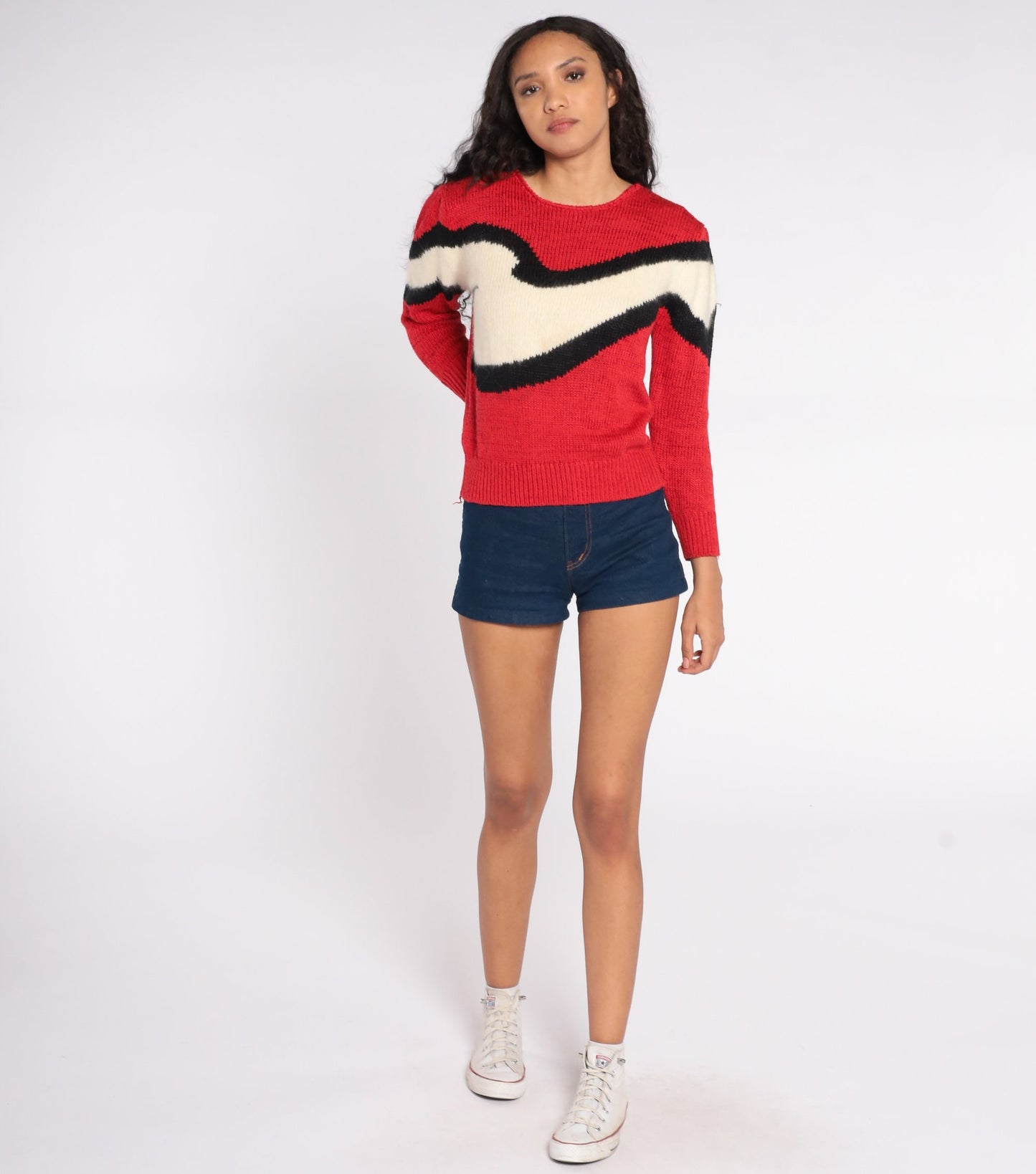 80s Puff Sleeve Sweater Red Cream Stripe Angora Wool Blend Knit Small