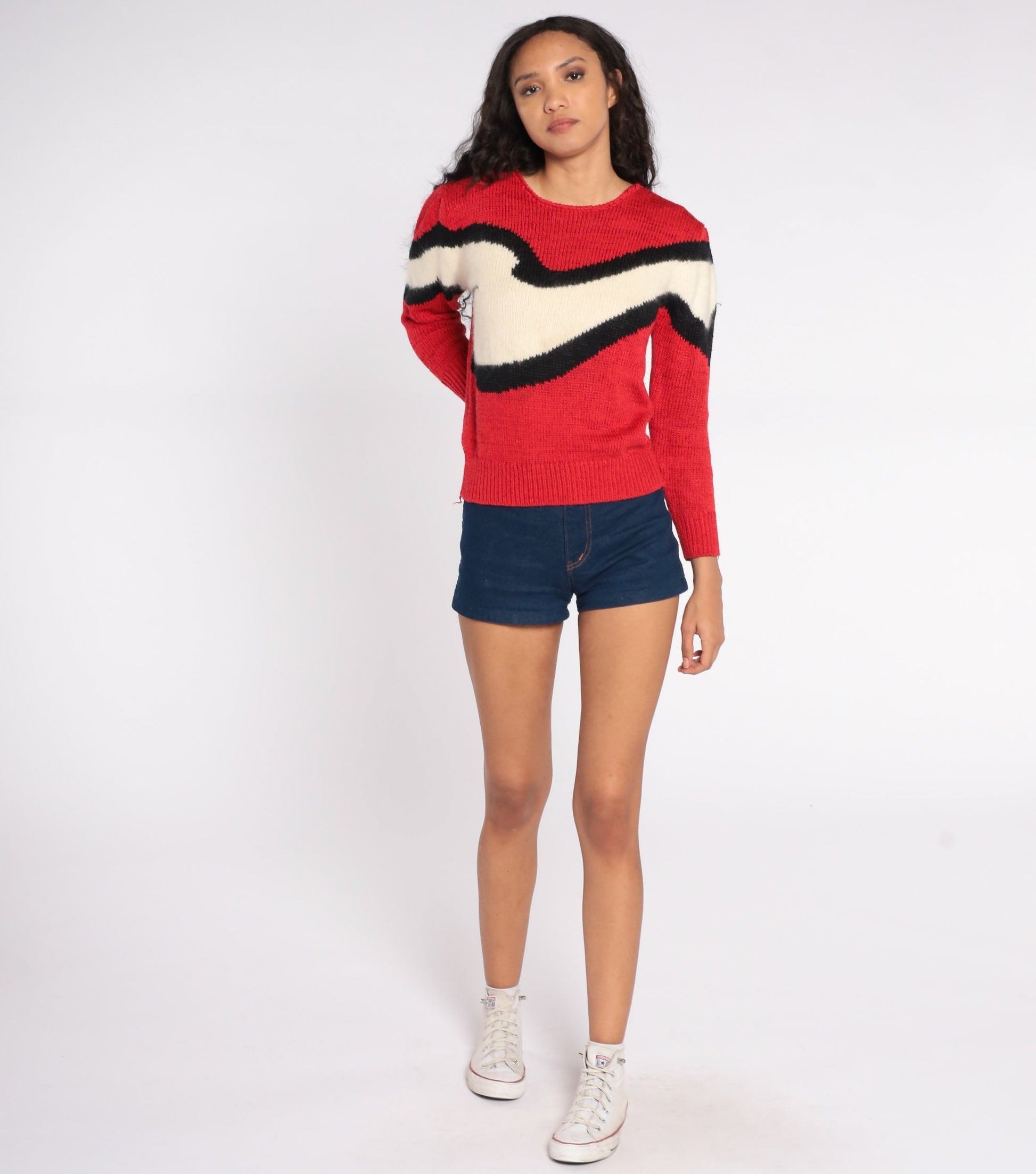 80s Puff Sleeve Sweater Red Cream Stripe Angora Wool Blend Knit Small