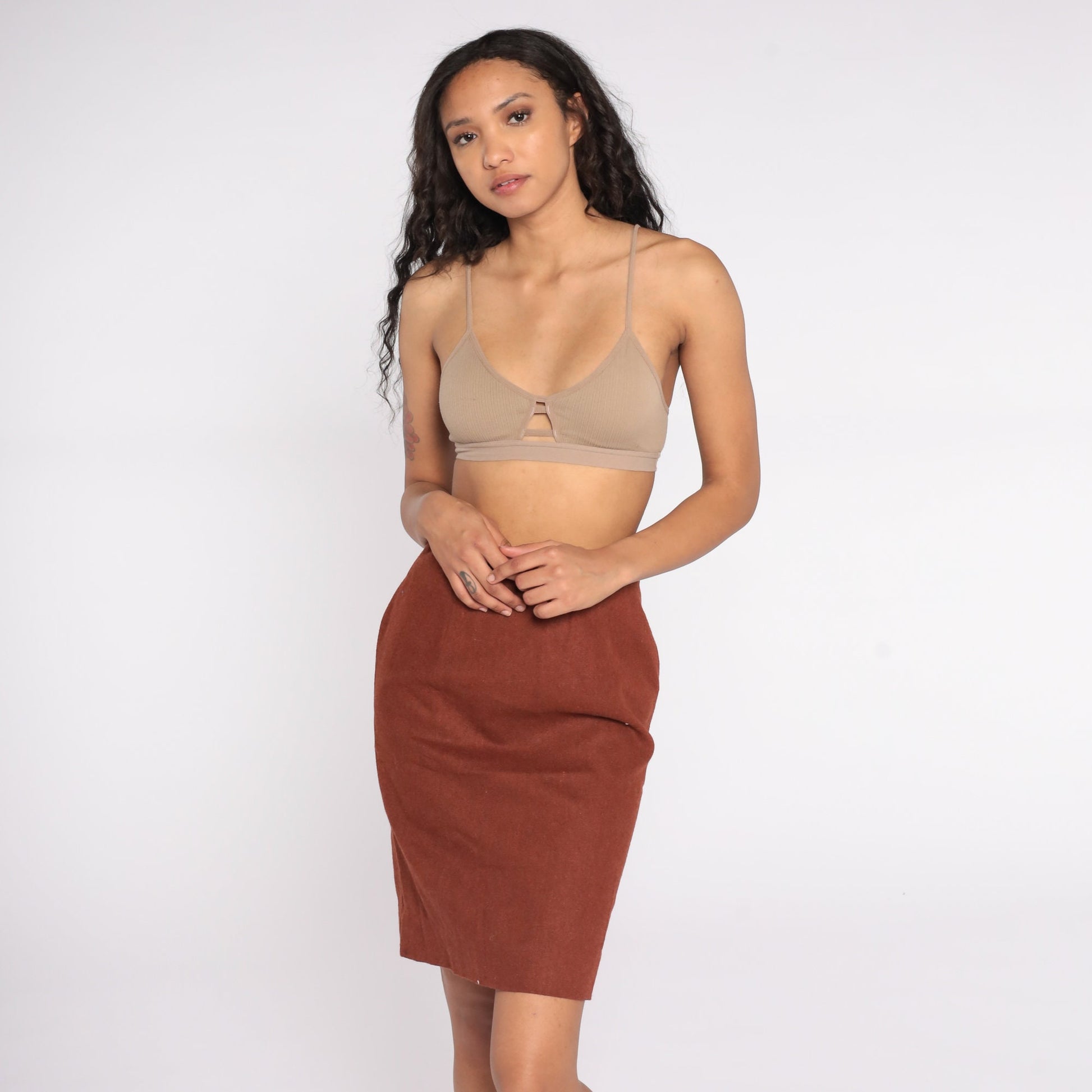 80s Brown Wool Mini Pencil Skirt High Waist Small S