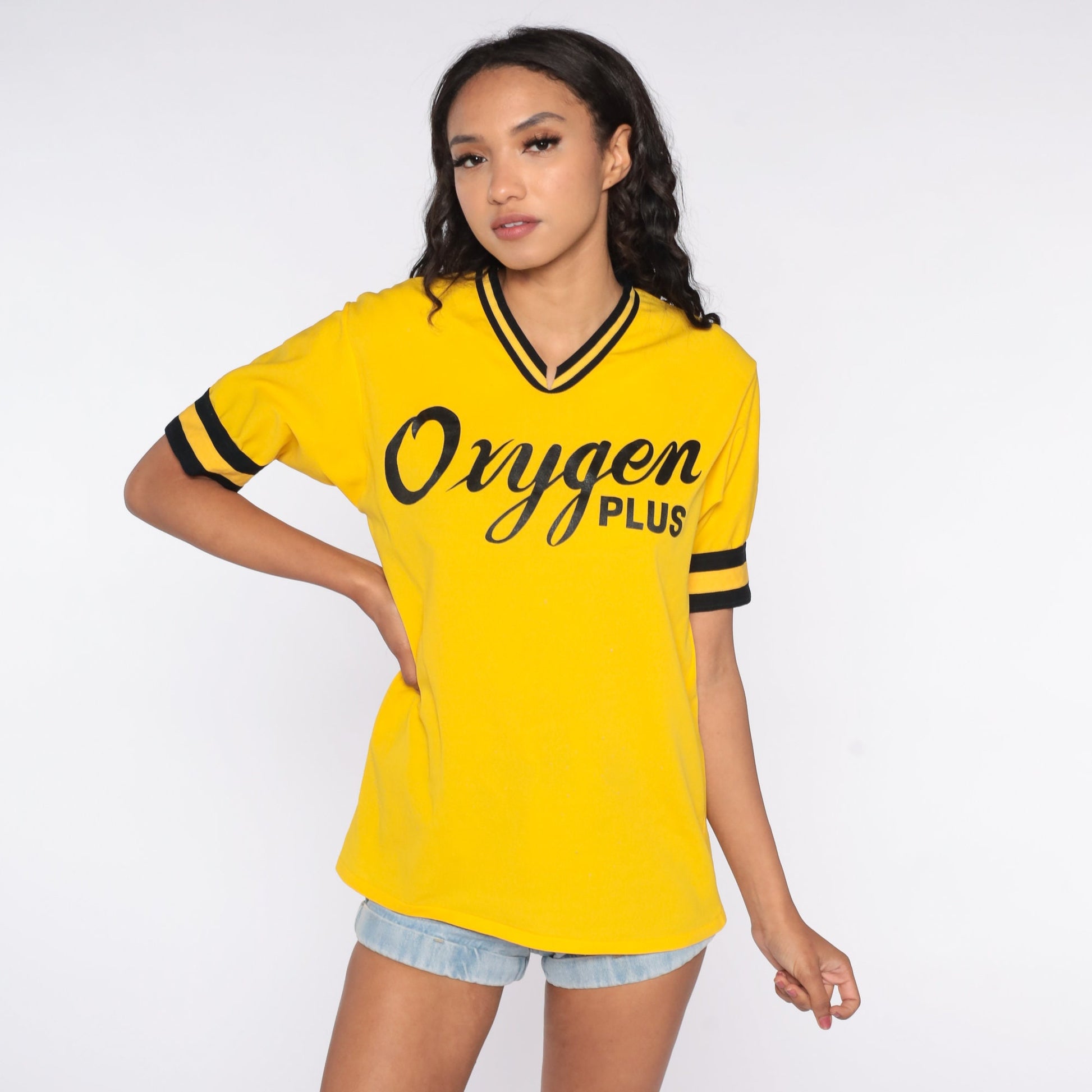 80s Oxygen Plus Ringer Tee Yellow V-Neck Graphic Shirt Medium