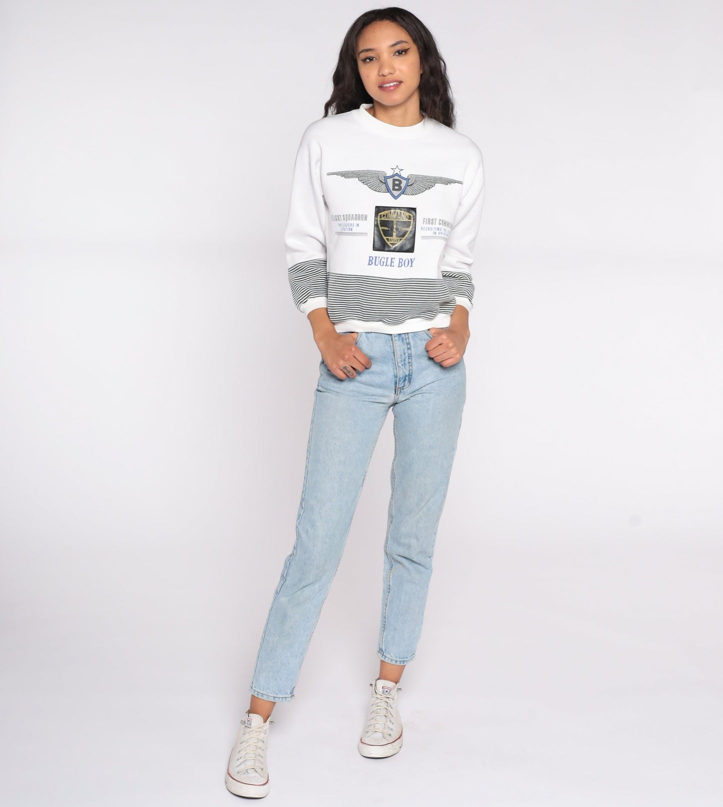 90s Bugle Boy White Striped Military Sweatshirt Extra Small XS