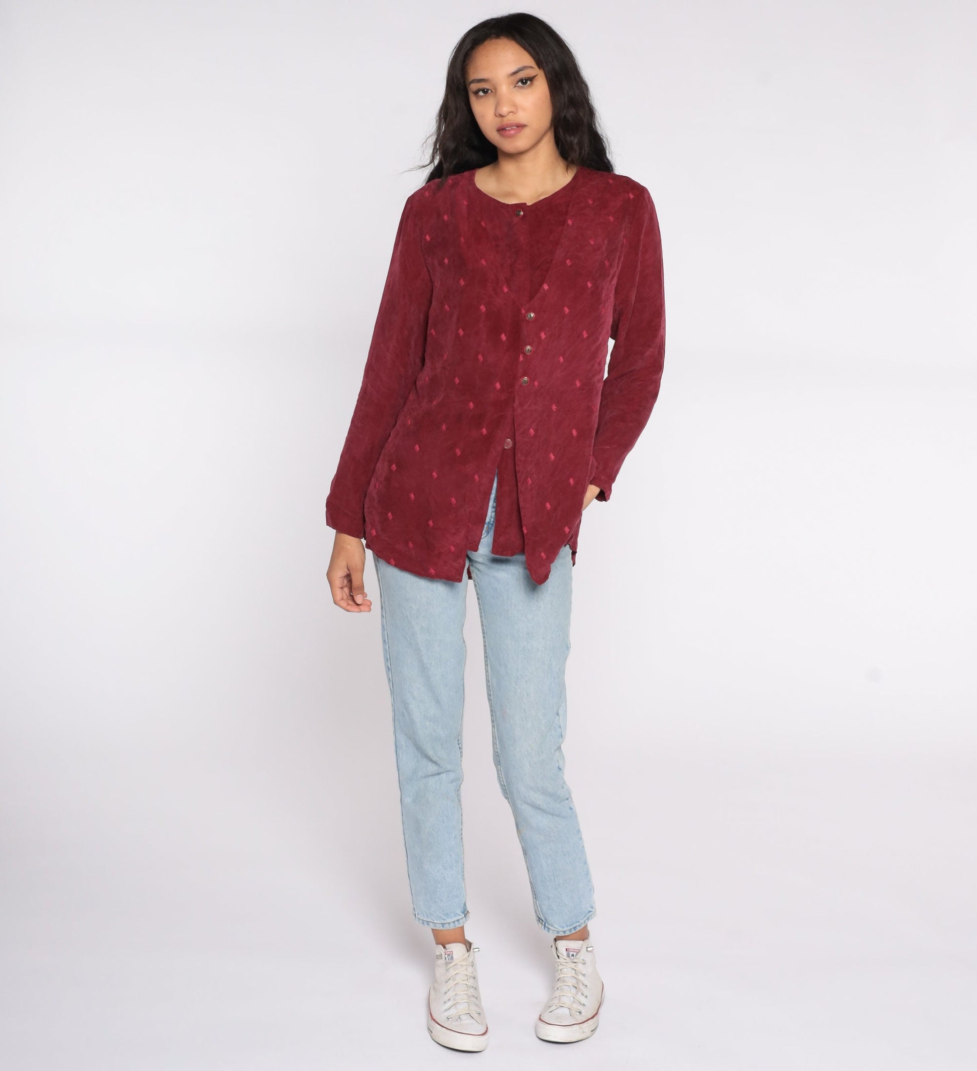 90s Burgundy Button Up Blouse with Attached Vest Rayon Medium