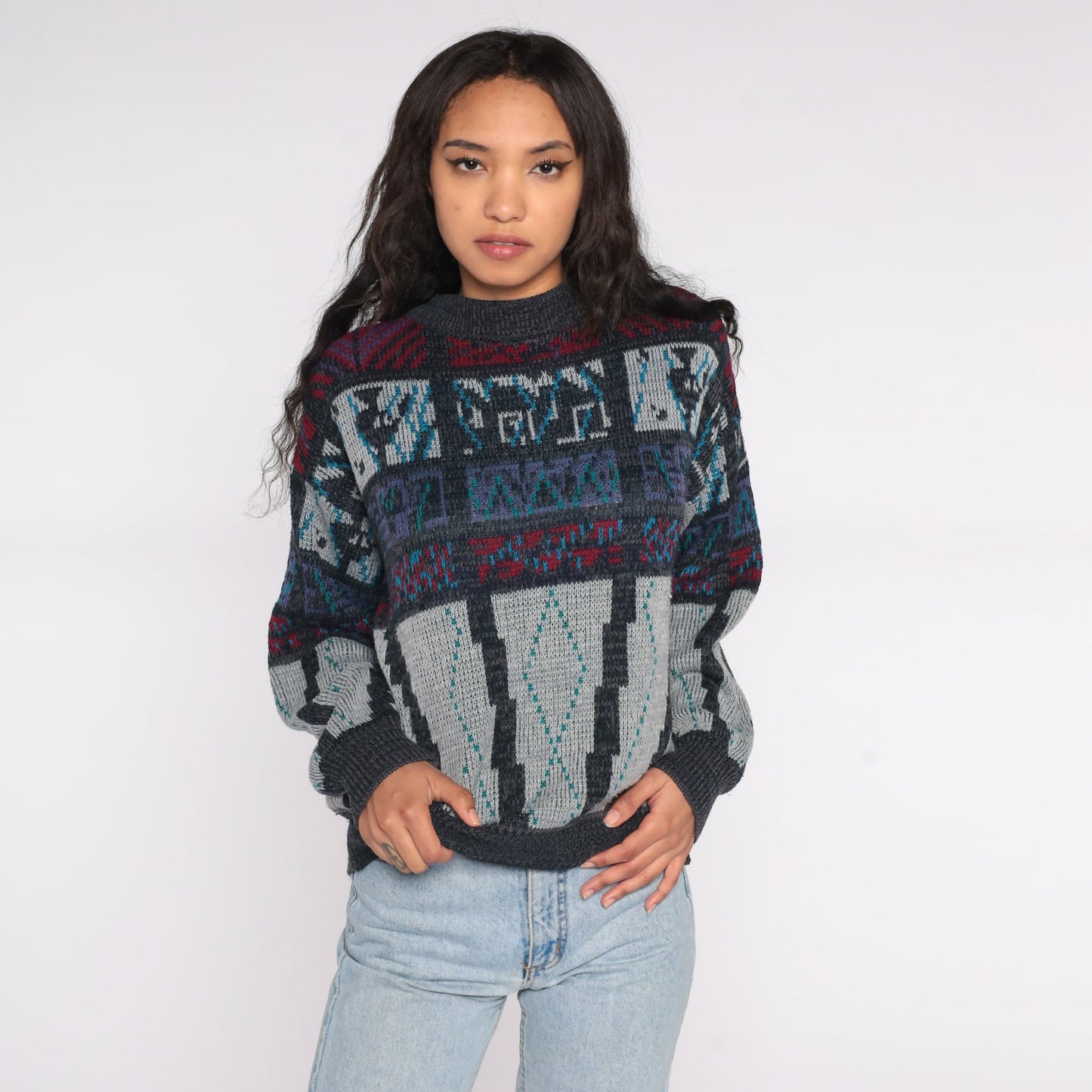 90s Geometric Sweater Charcoal Grey Red Knit Crewneck Large