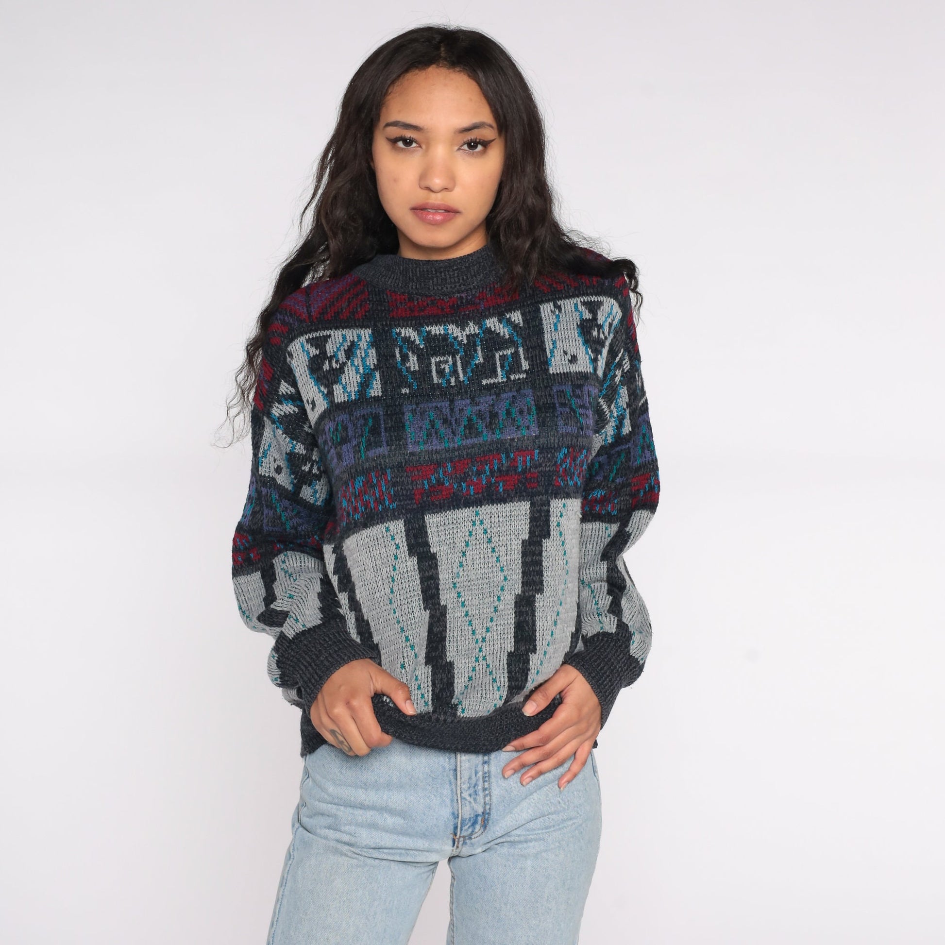 90s Geometric Sweater Charcoal Grey Red Knit Crewneck Large