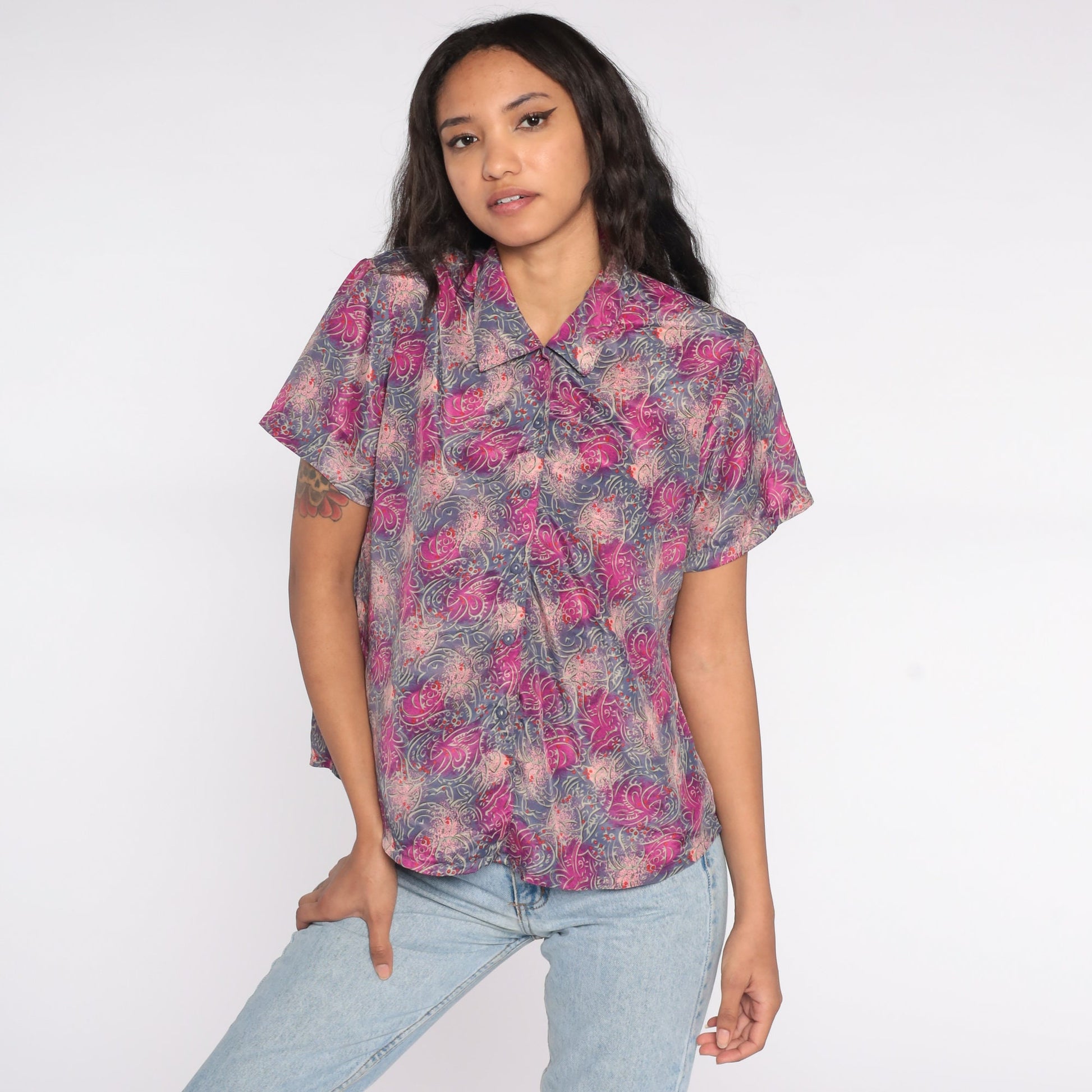80s Abstract Print Button Up Shirt Purple Pink Psychedelic Short Sleeve Large