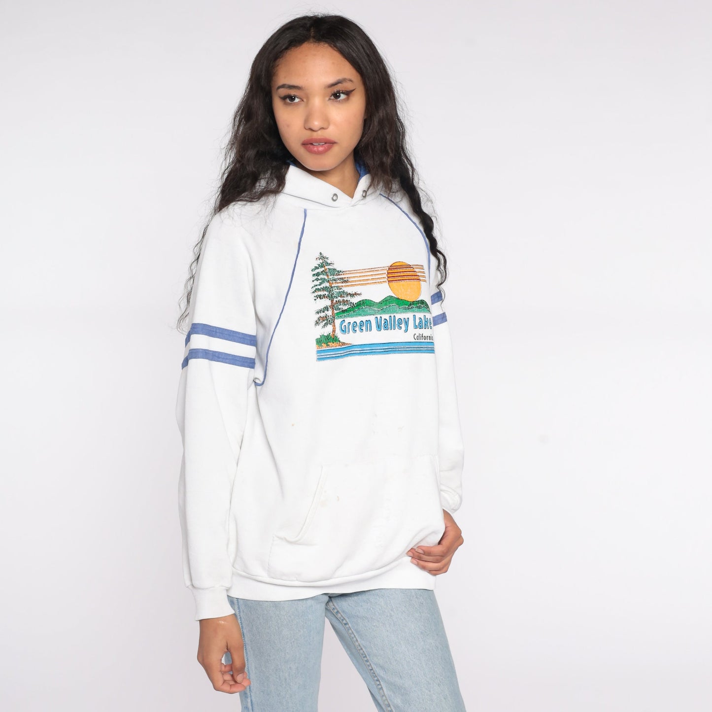 80s Green Valley Lake California Hoodie Sweatshirt Sunset Nature Print Large