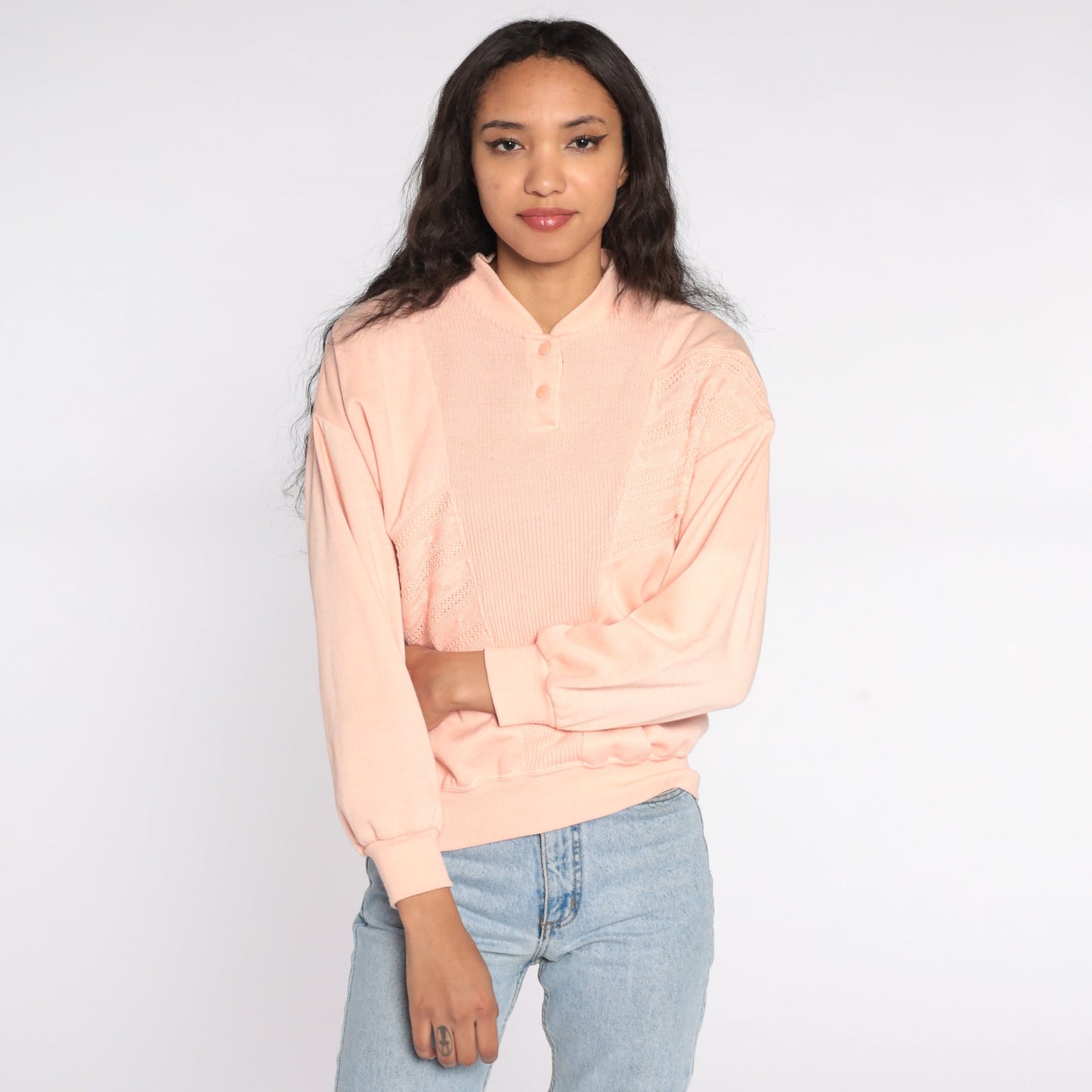 80s Peach Henley Sweatshirt Button Neck Long Sleeve Knit Small S