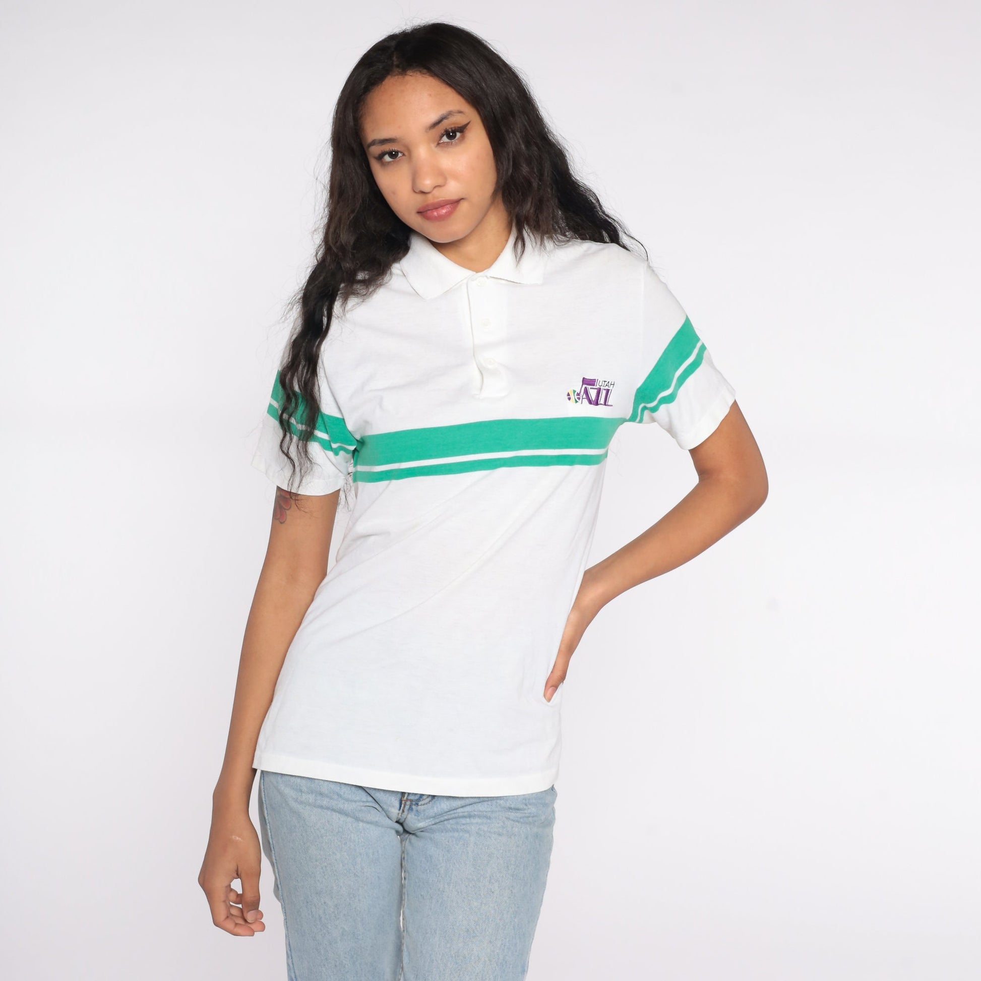 80s Utah Jazz NBA Polo Shirt White Green Striped Half Button Medium