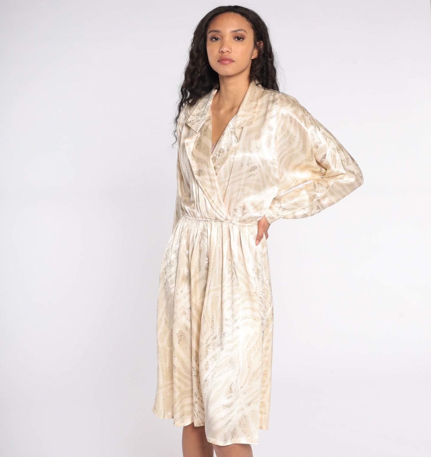 80s Leslie Fay Wrap Dress Geometric Print Midi Dolman Sleeve Deep V Small