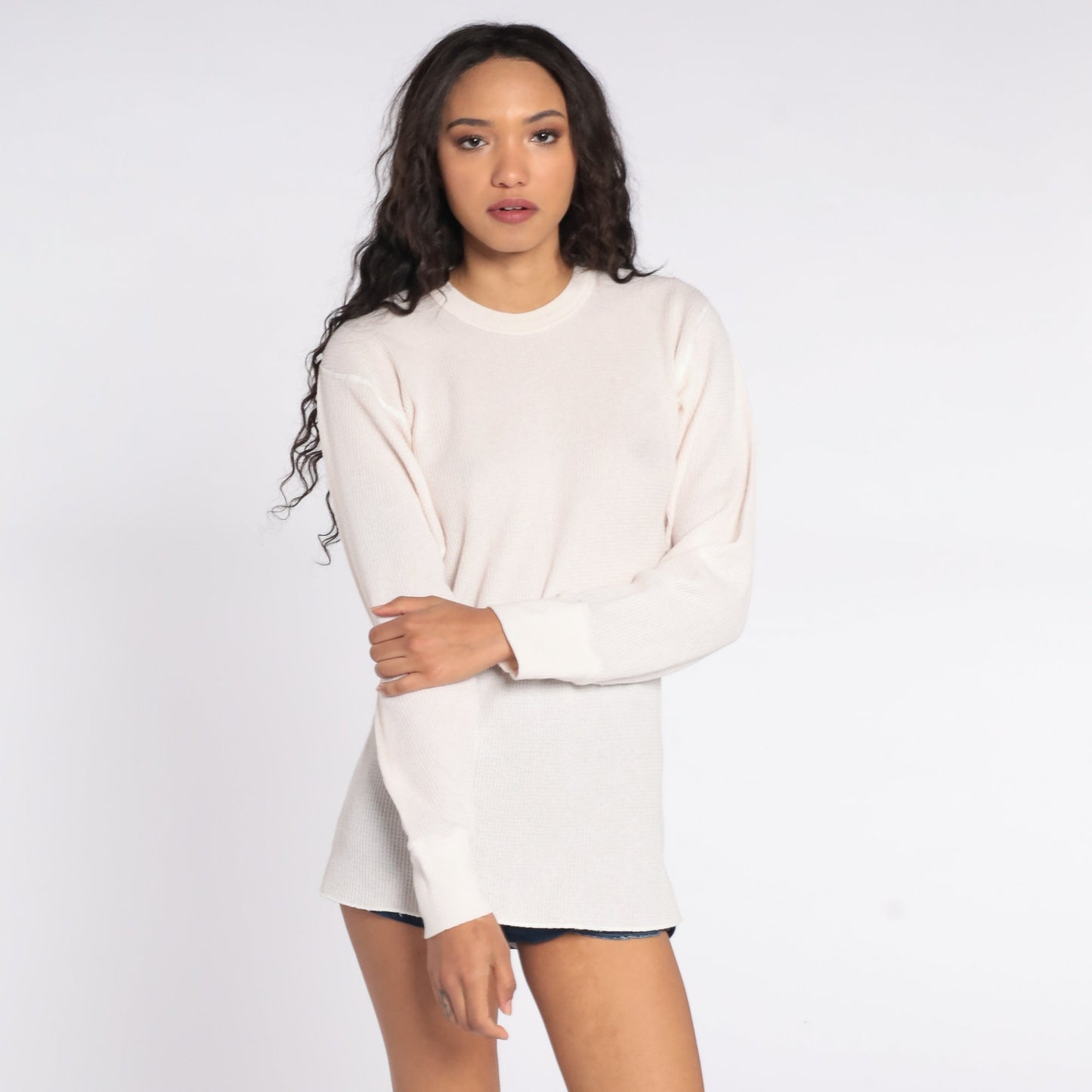 80s Off-White Waffle Knit Thermal Long Sleeve Shirt Extra Large XL