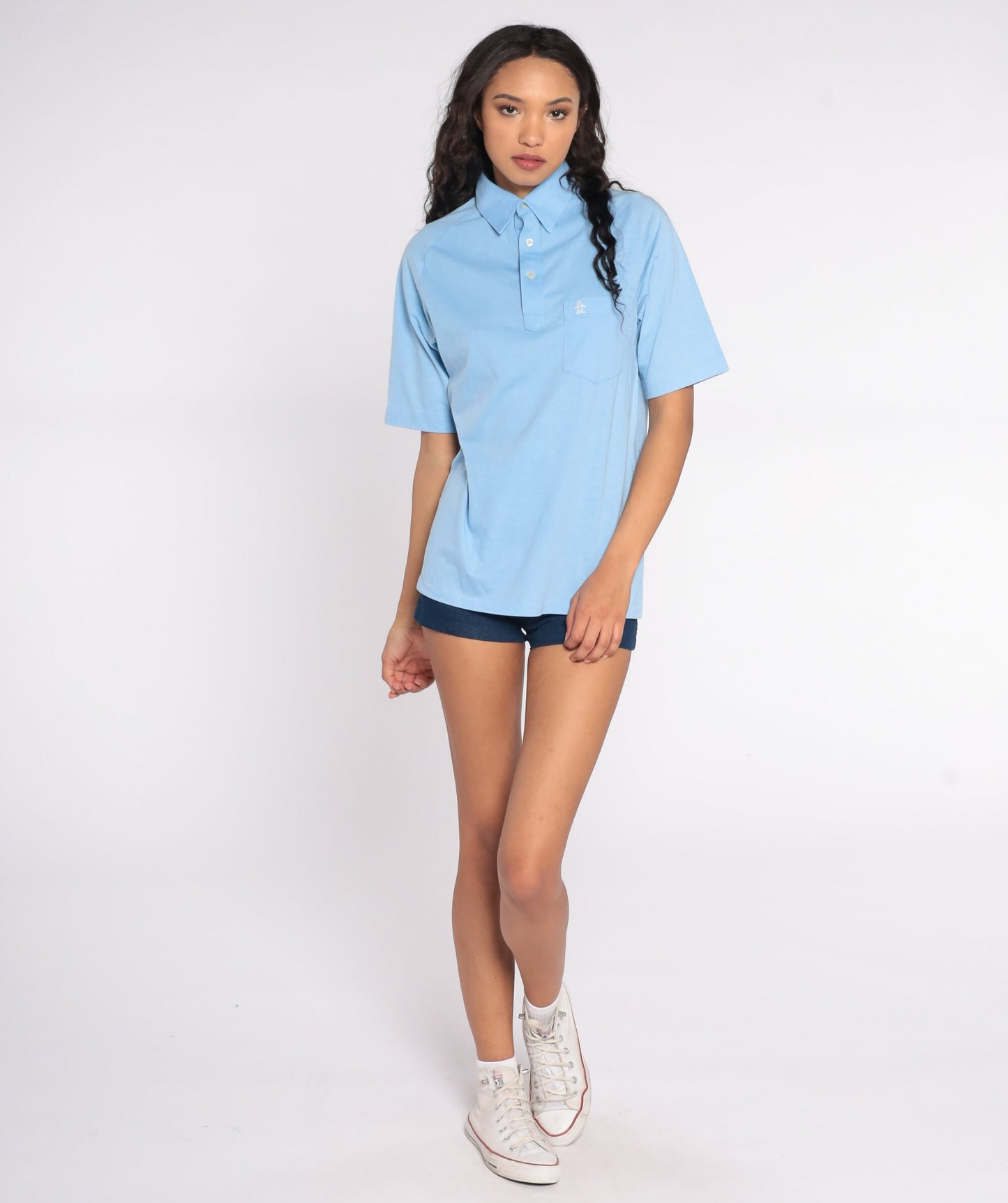 80s Munsingwear Penguin Polo Shirt Baby Blue Half-Button Pocket Medium