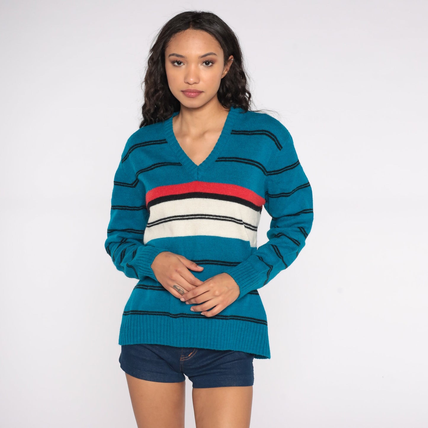 80s Le Tigre Striped V-Neck Sweater Turquoise Red White Black Medium M