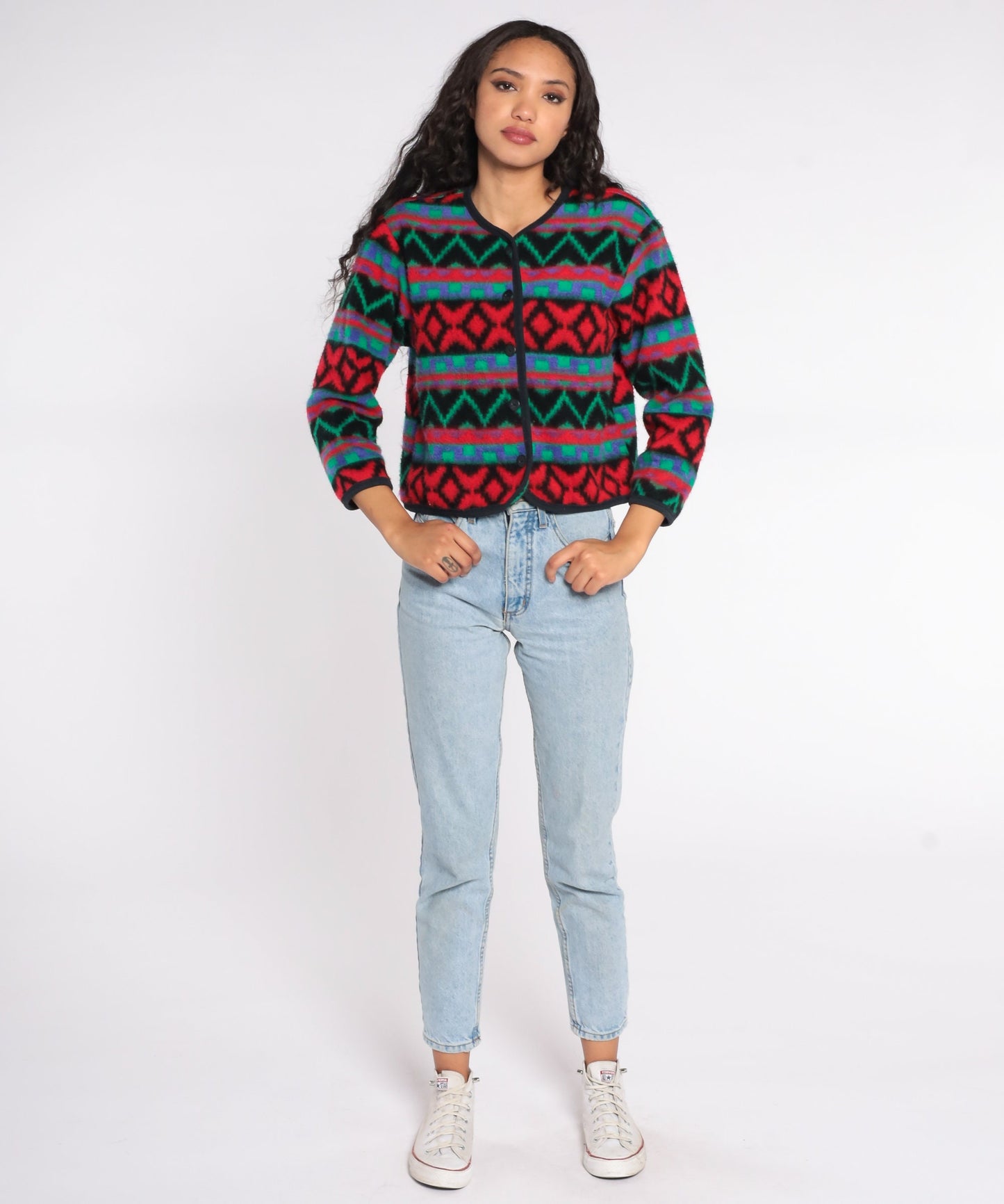 90s Southwestern Fleece Jacket Geometric Button Up Red Blue Green Small