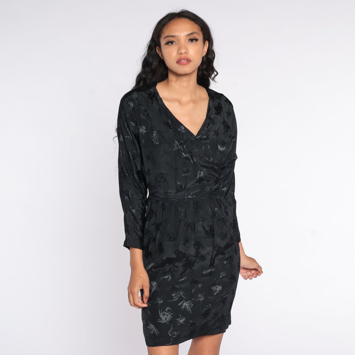 80s Black Floral Embossed Mini Wrap Dress High Waisted V Neck Small S