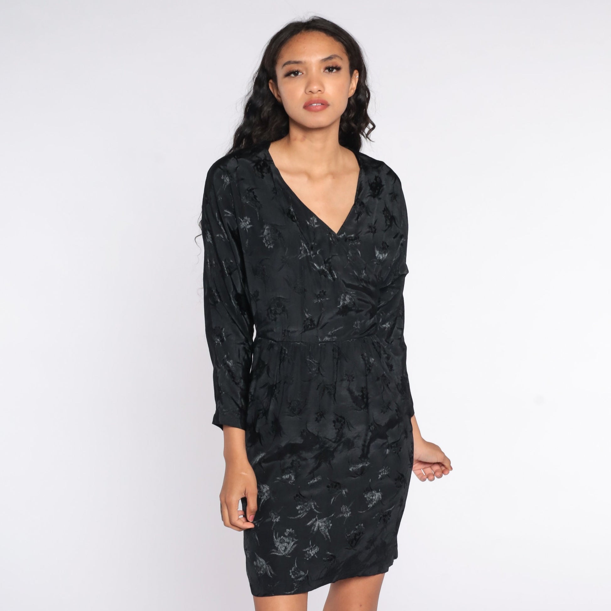 80s Black Floral Embossed Mini Wrap Dress High Waisted V Neck Small S