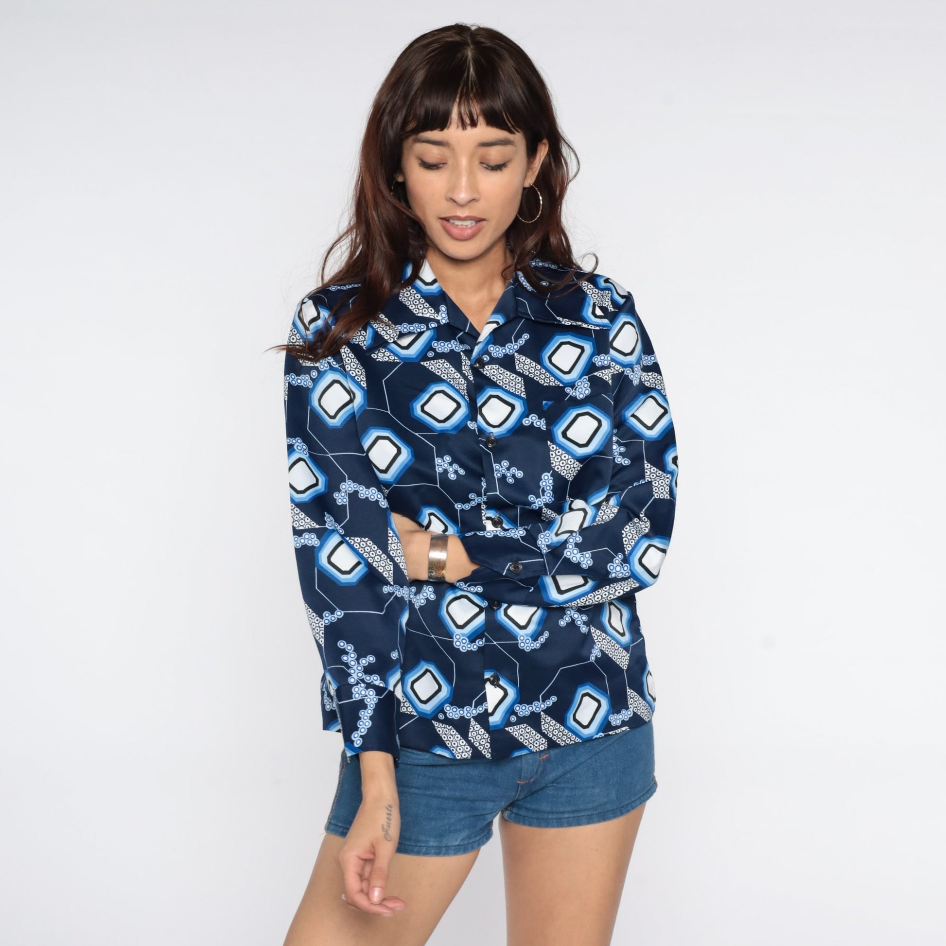 70s Geometric Blue Dagger Collar Button-Up Shirt Long Sleeve Large L