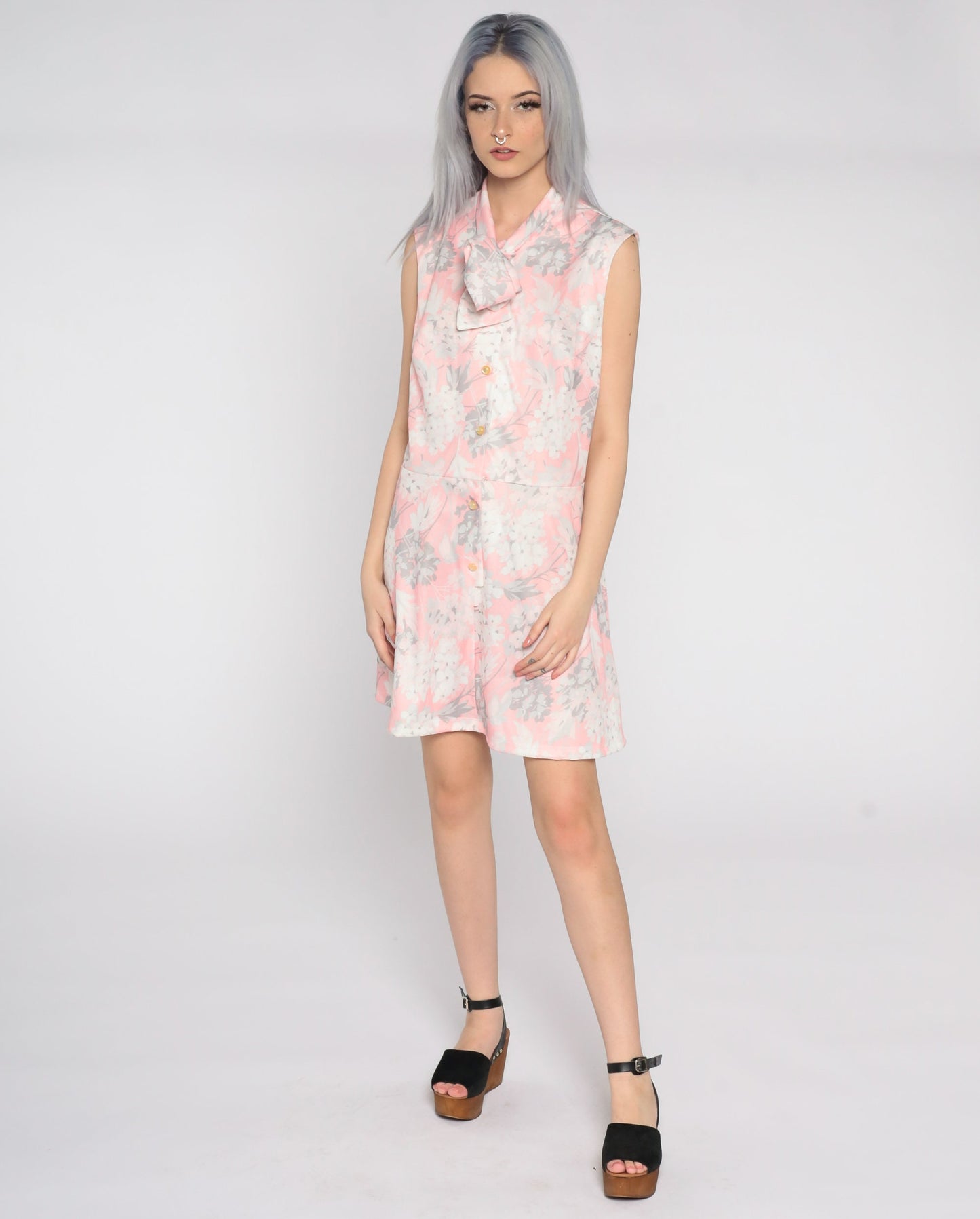 70s Floral Mini Dress Pink White Grey Button-Up High Waist Sleeveless Extra Large