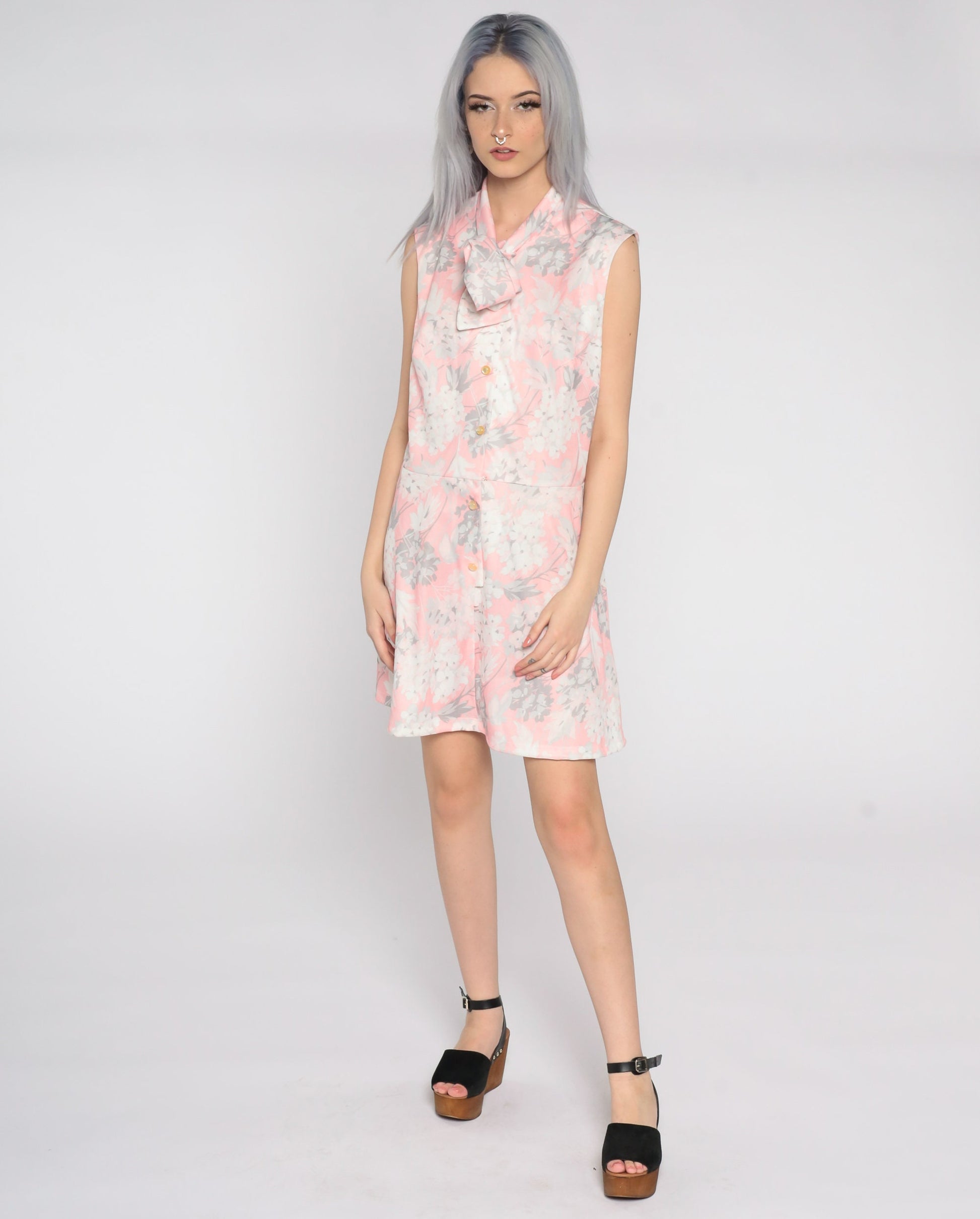 70s Floral Mini Dress Pink White Grey Button-Up High Waist Sleeveless Extra Large
