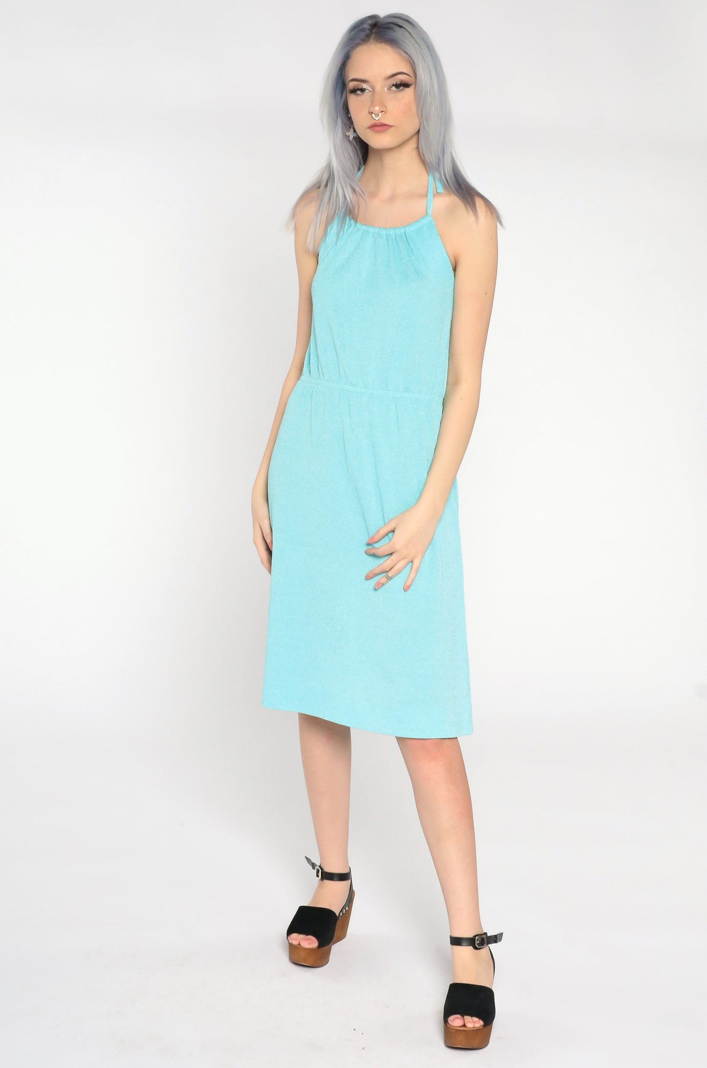 70s Aqua Blue Halter Midi Sundress High Waist Small Medium