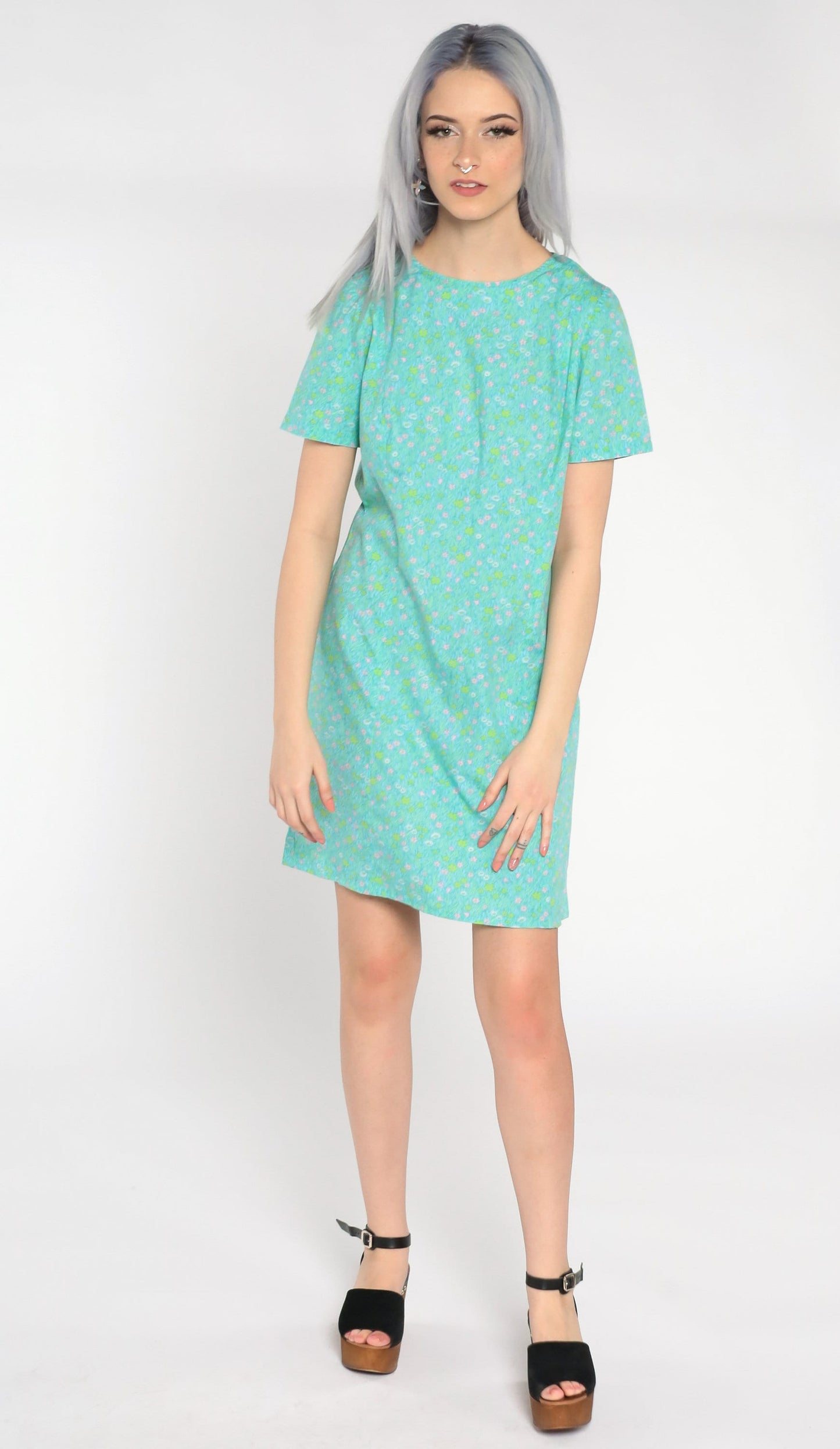 1960s Floral Shift Dress Mini Green Blue Mod Small S