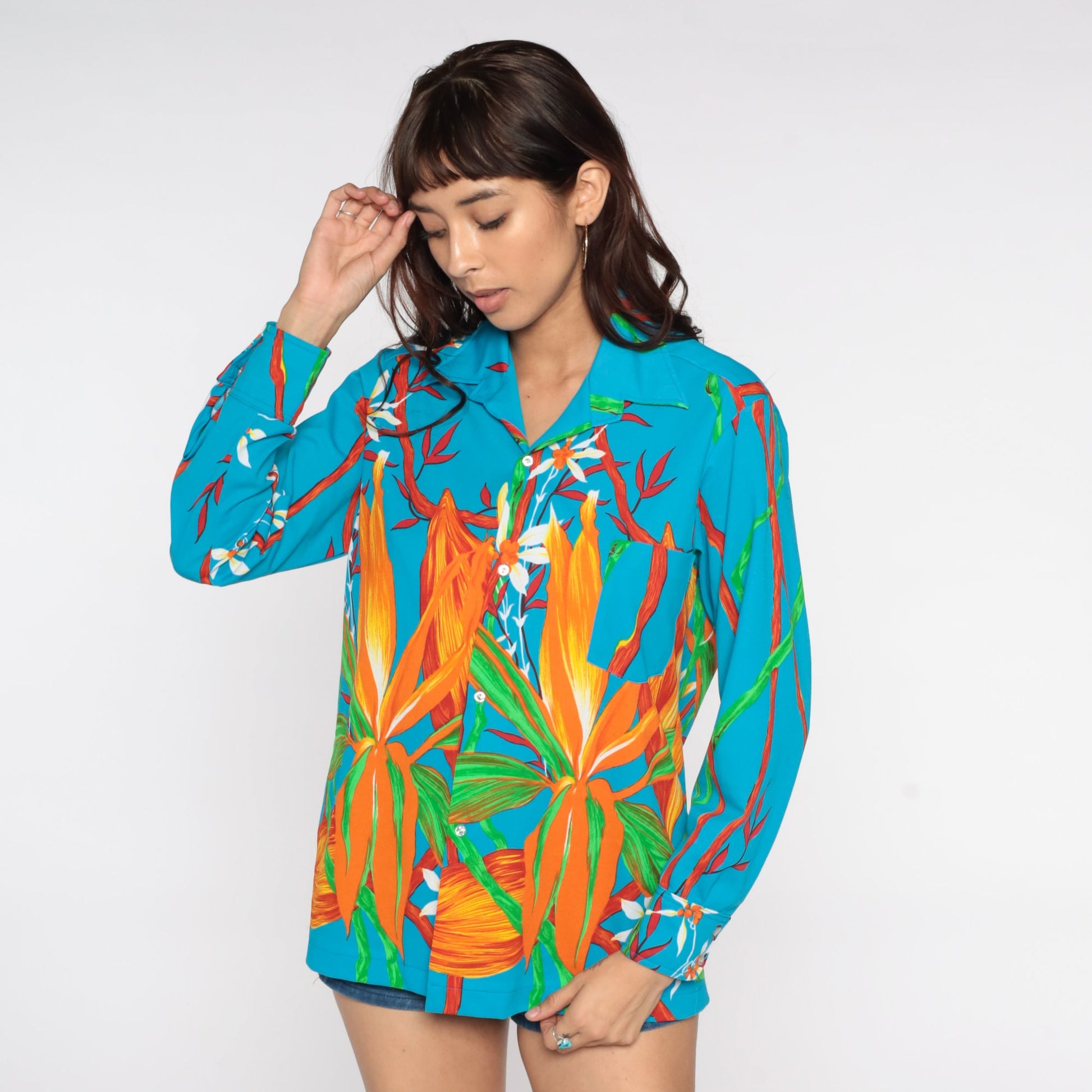 70s Blue Floral Button-Up Shirt Pointed Collar Long Sleeve Unisex Medium Large