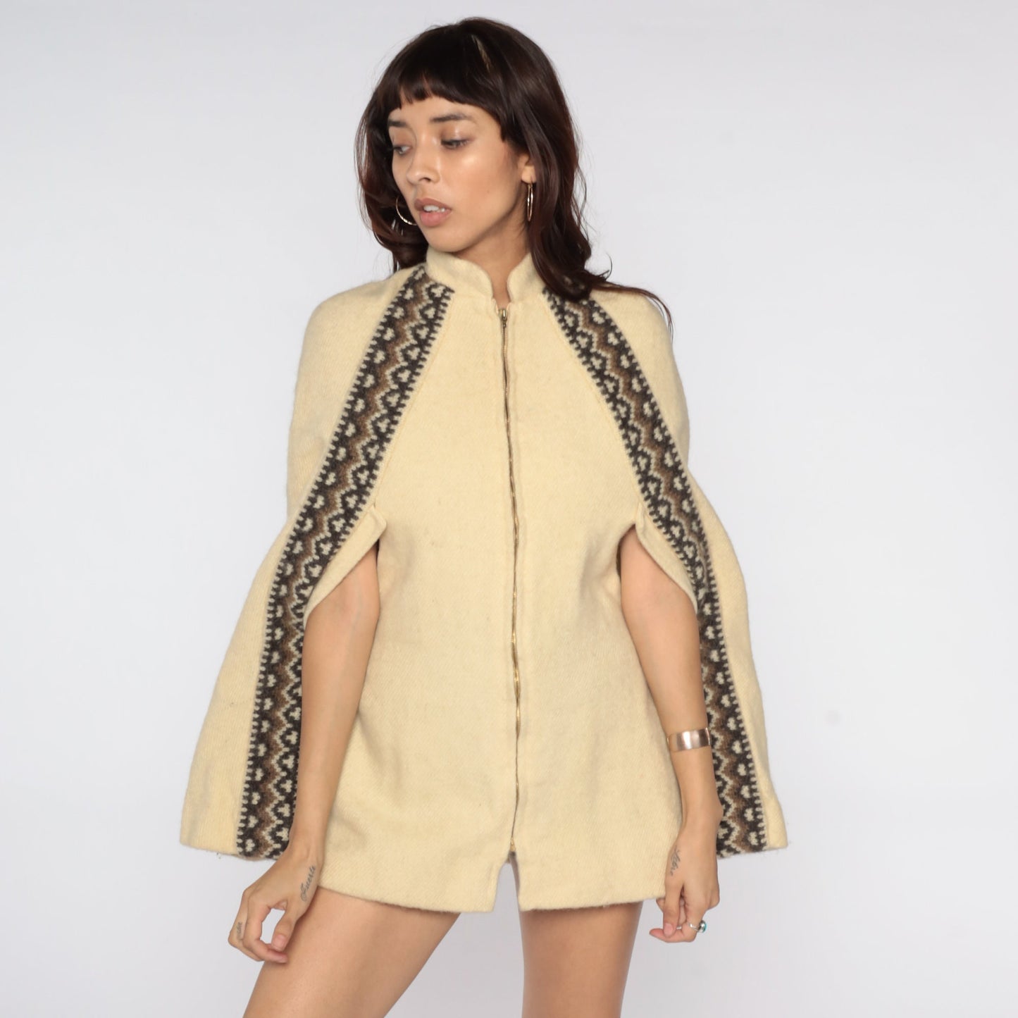 1960s Icelandic Wool Cape Cream Zip Jacket Mod Medium