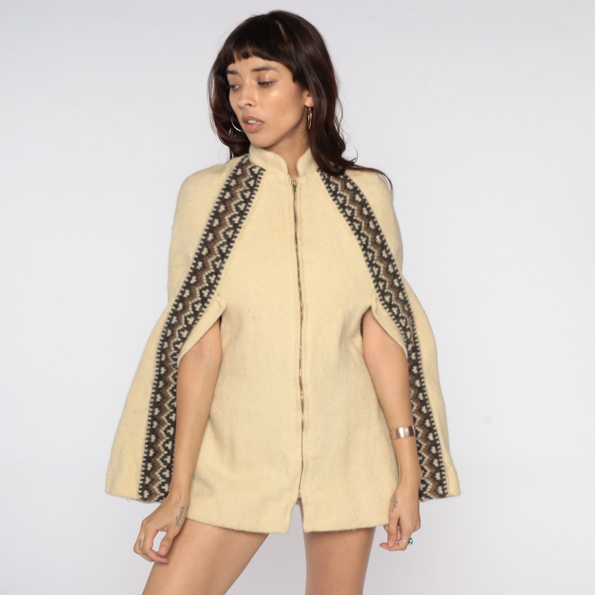 1960s Icelandic Wool Cape Cream Zip Jacket Mod Medium