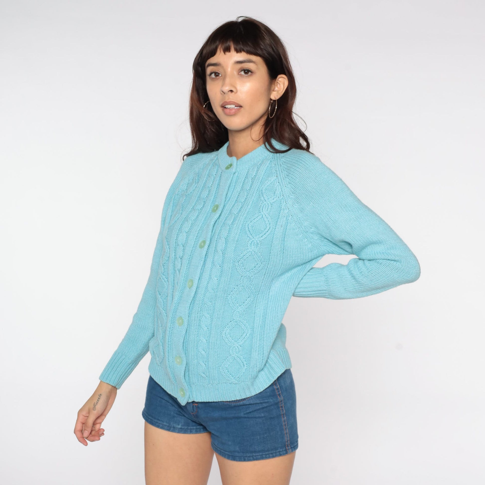 70s Cable Knit Cardigan Baby Blue Button-Up Raglan Sweater Large