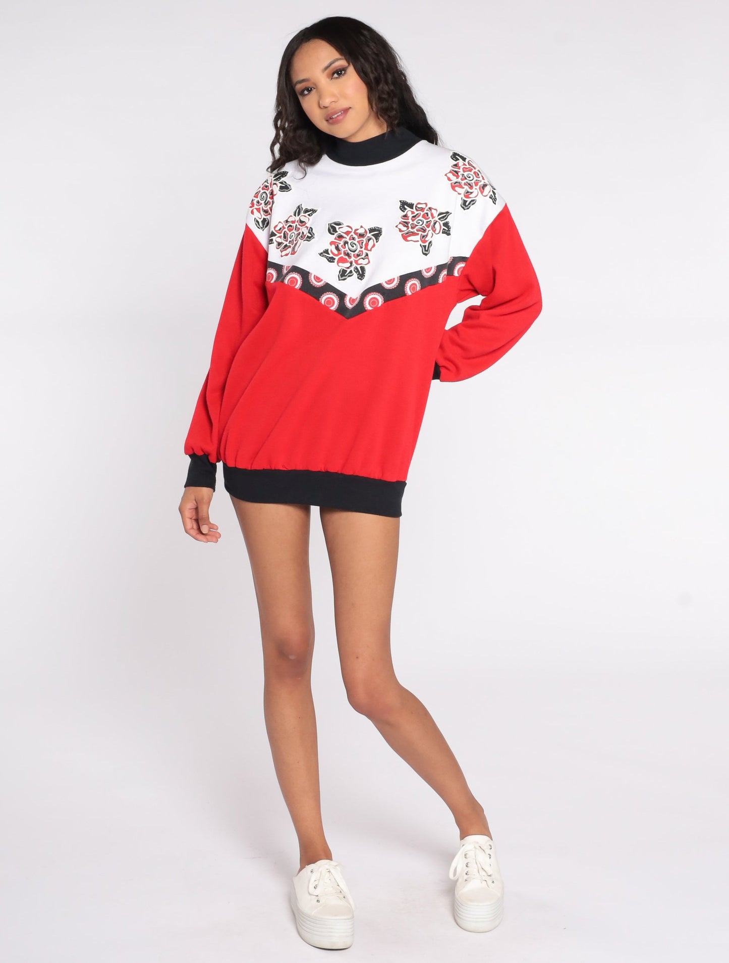 80s Floral Color Block Sweatshirt Red White Black Graphic Crewneck Large