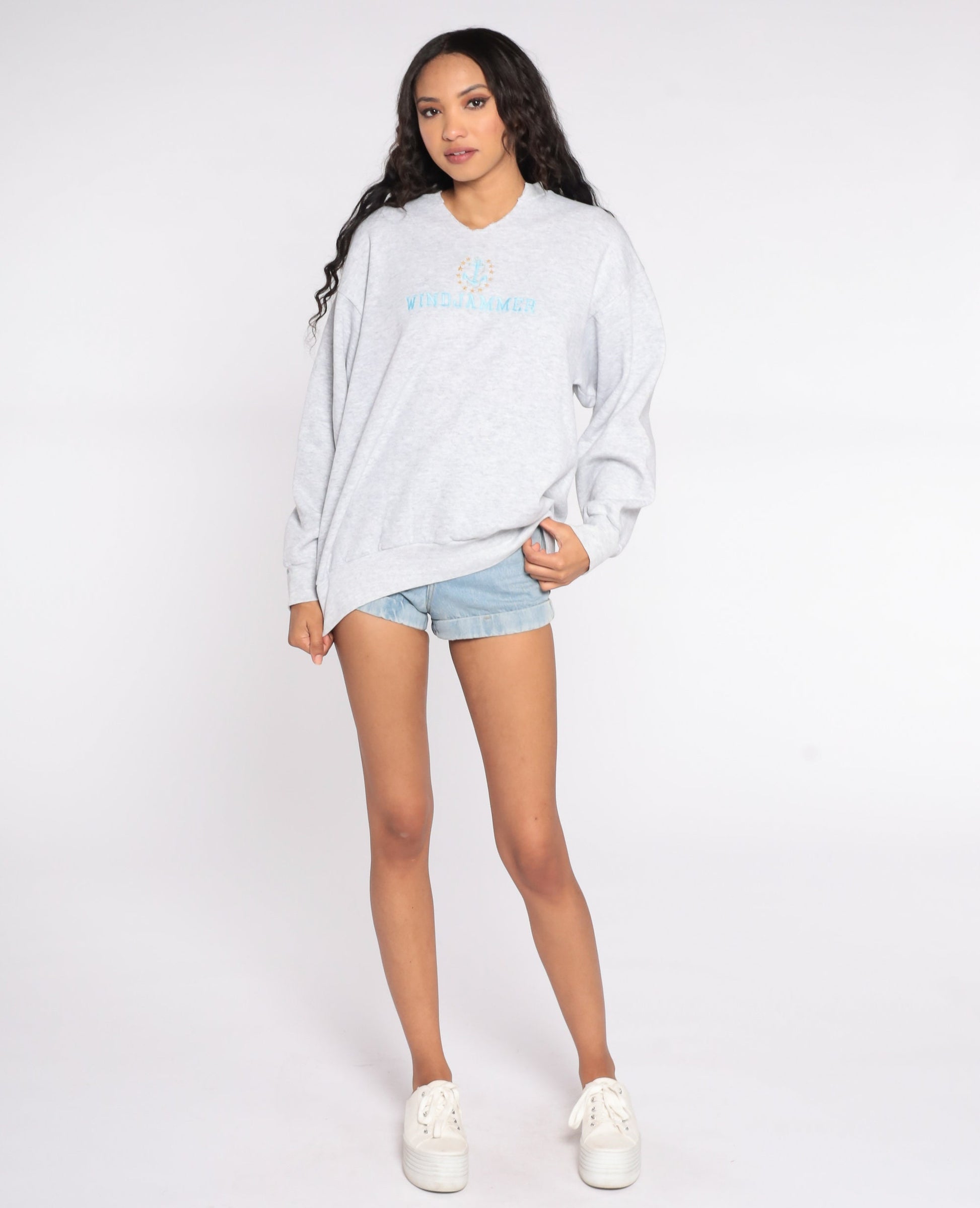 90s Windjammer Nautical Sweatshirt Grey Anchor Sailing Boat Crewneck Large L
