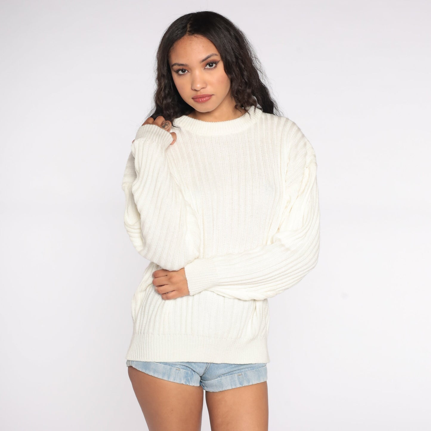 80s Ribbed Cream Knit Crewneck Sweater Men's Large L