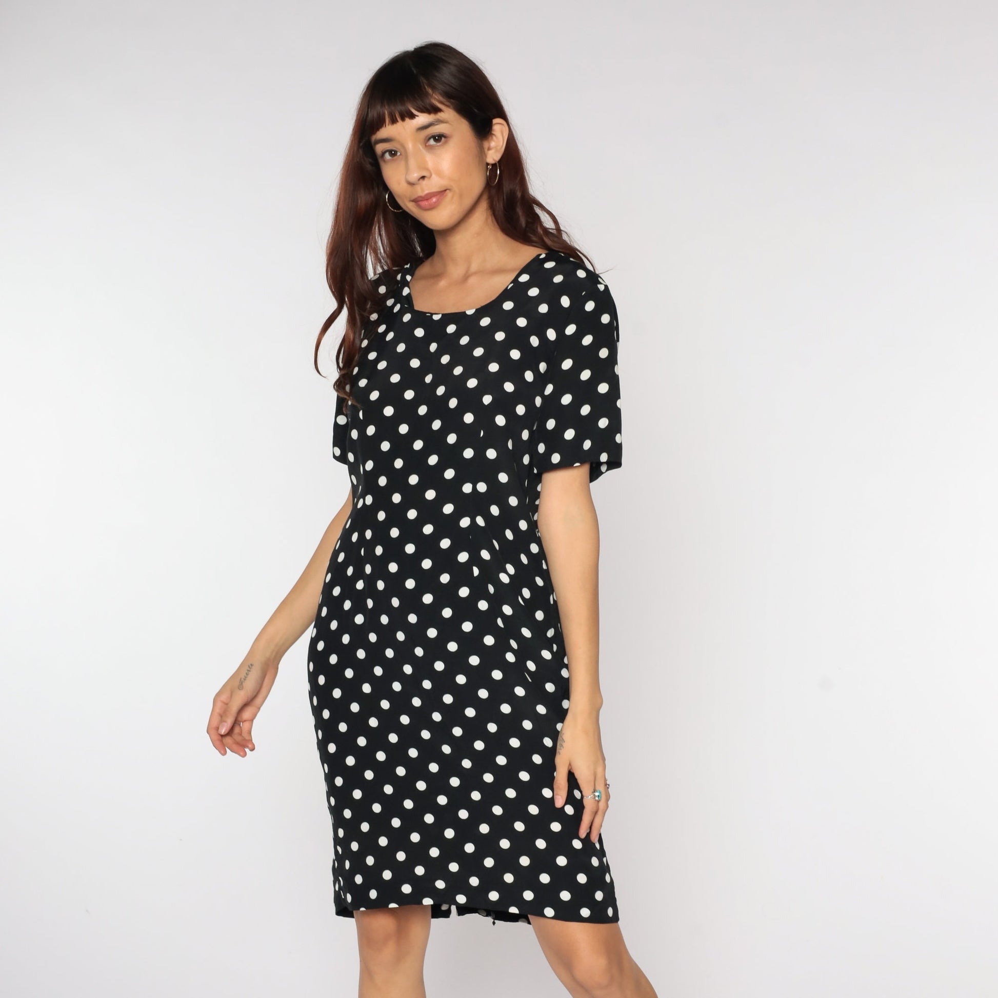 90s Polka Dot Mini Dress Black White Shift Short Sleeve Medium