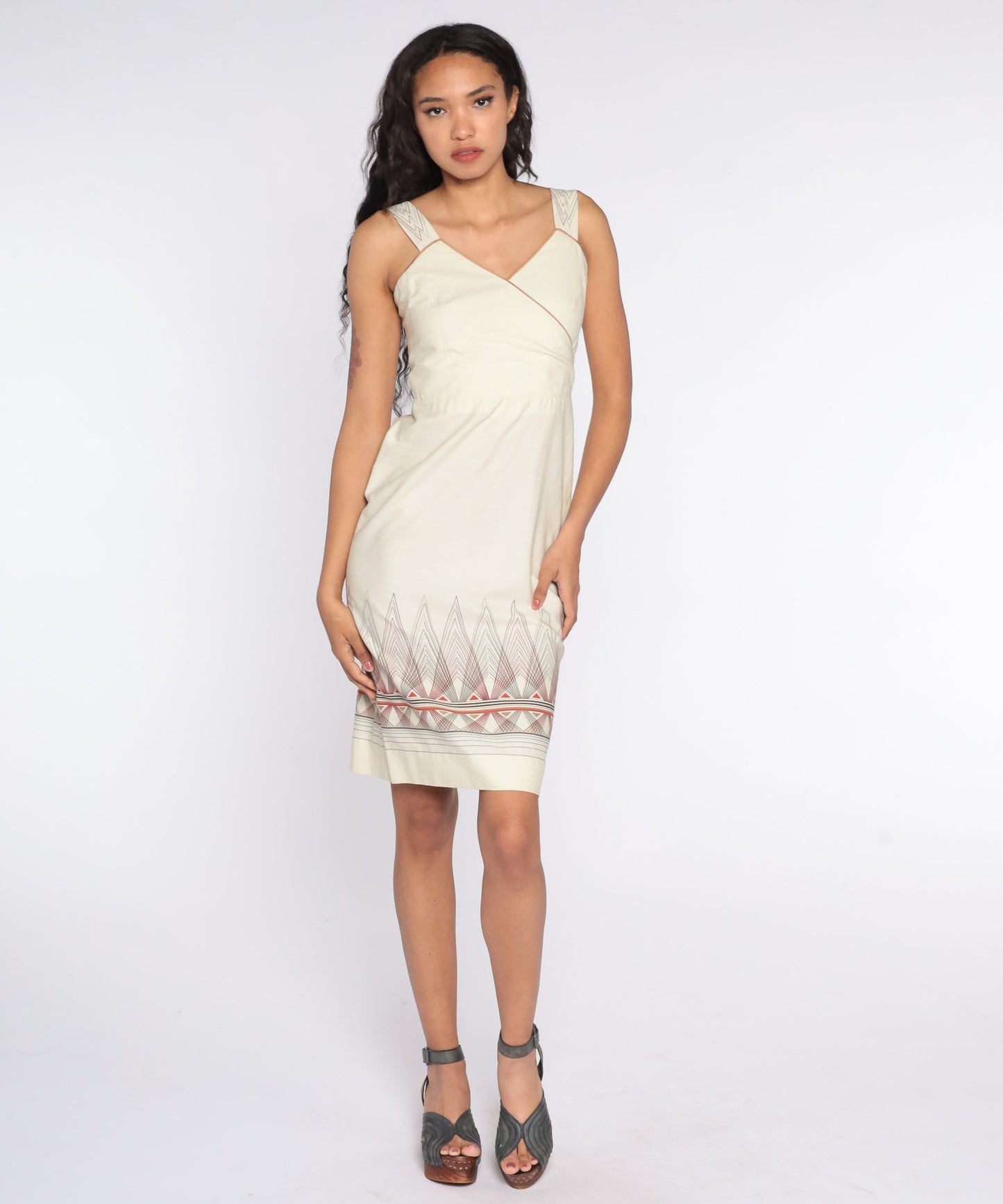 70s Cream Geometric Stripe Mini Dress Sleeveless High Waist Extra Small