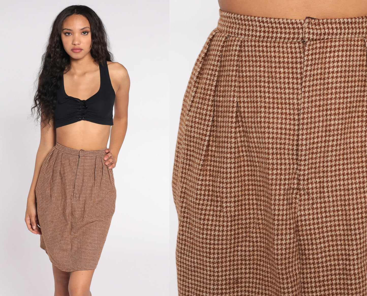 80s Houndstooth Pencil Skirt High Waisted Brown Wool Blend Extra Small
