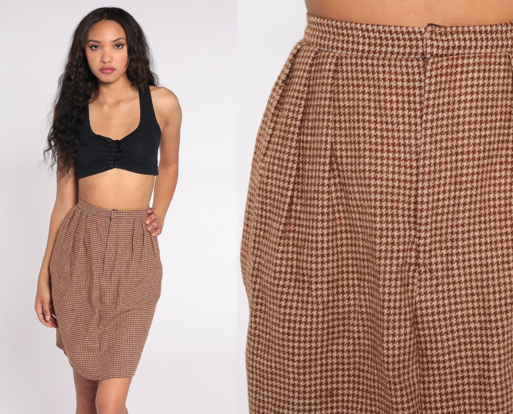 80s Houndstooth Pencil Skirt High Waisted Brown Wool Blend Extra Small