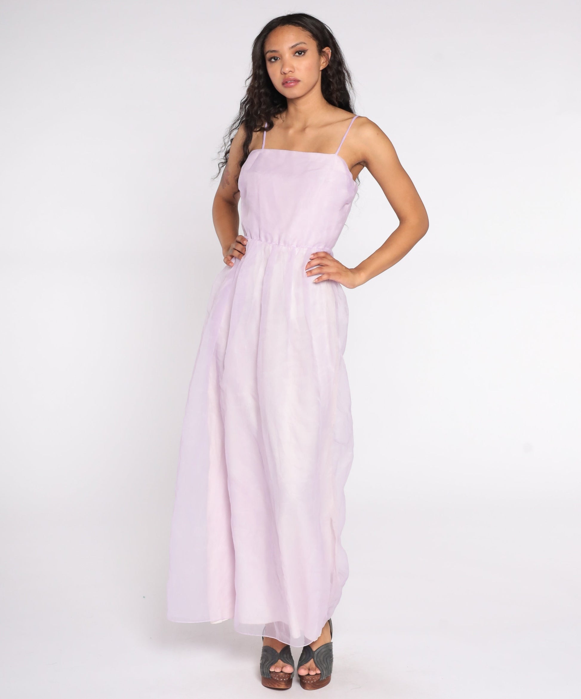 70s Lavender Chiffon Maxi Dress Spaghetti Strap Sleeveless Extra Small XS
