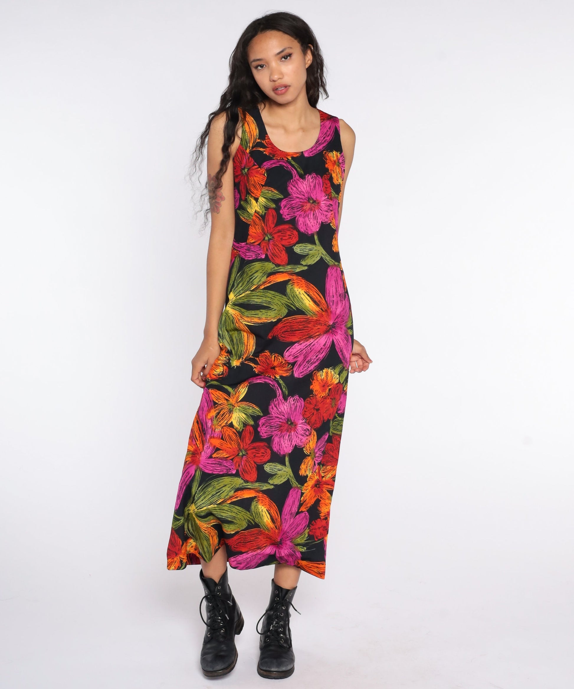 90s Floral Maxi Sundress Sleeveless Shift Black Red Pink Small Medium