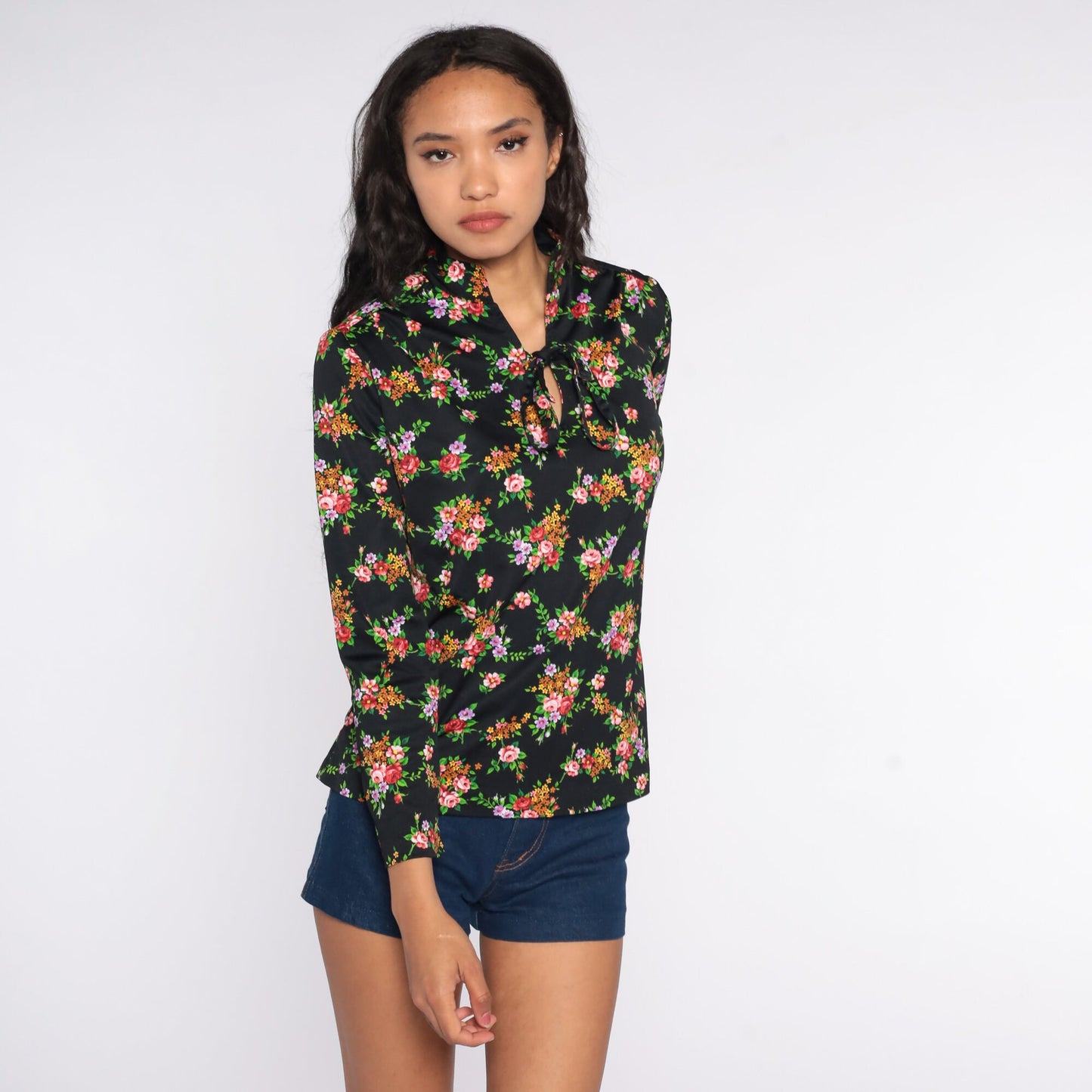 70s Black Floral Ascot Blouse Long Sleeve Neck Tie Top Large L