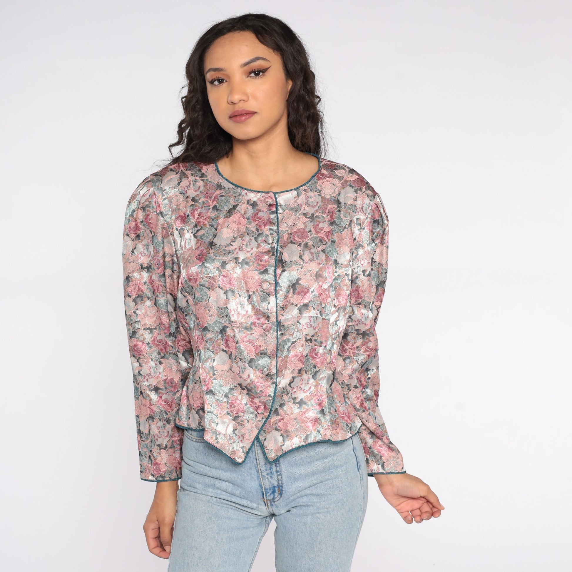 80s Tapestry Floral Button-Up Blouse Pink Puff Sleeve Shirt Large